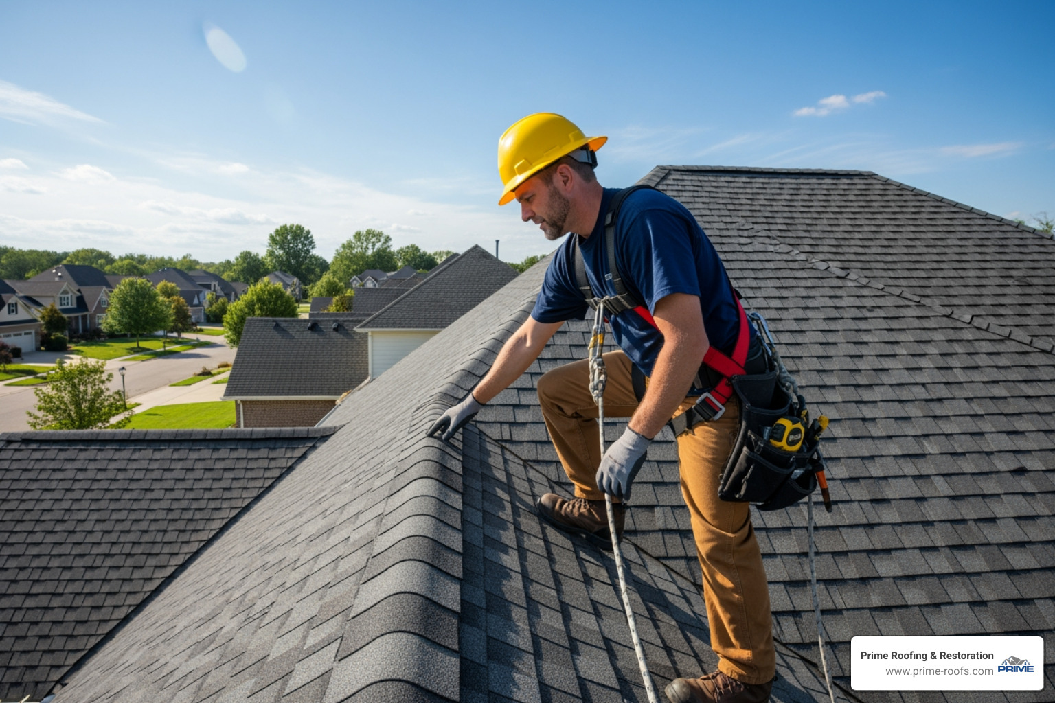 professional roofer from Prime Roofing & Restoration safely inspecting a steep roof - repairing roof shingles