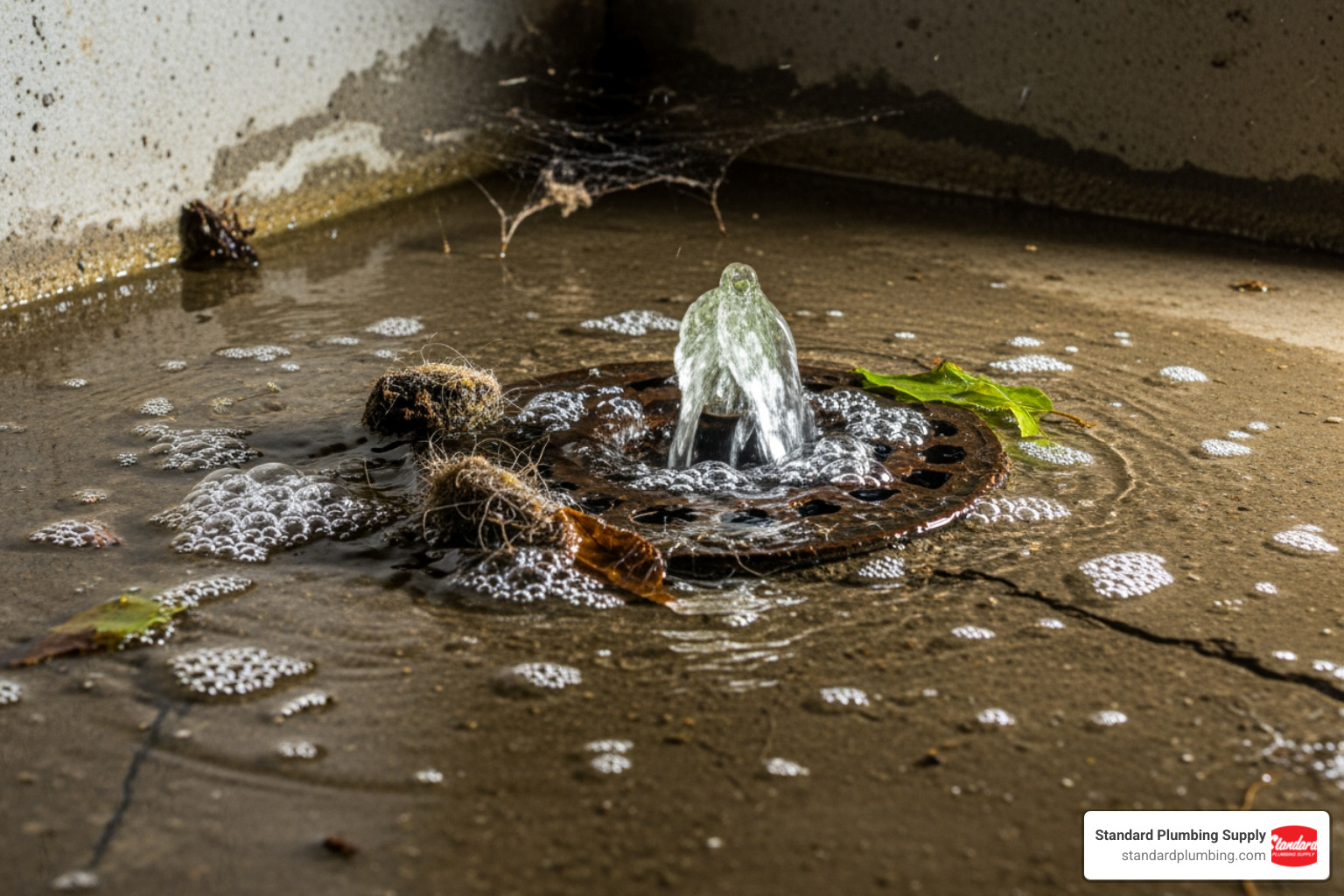 a backed-up floor drain in a basement - home plumber sewer line cleaner