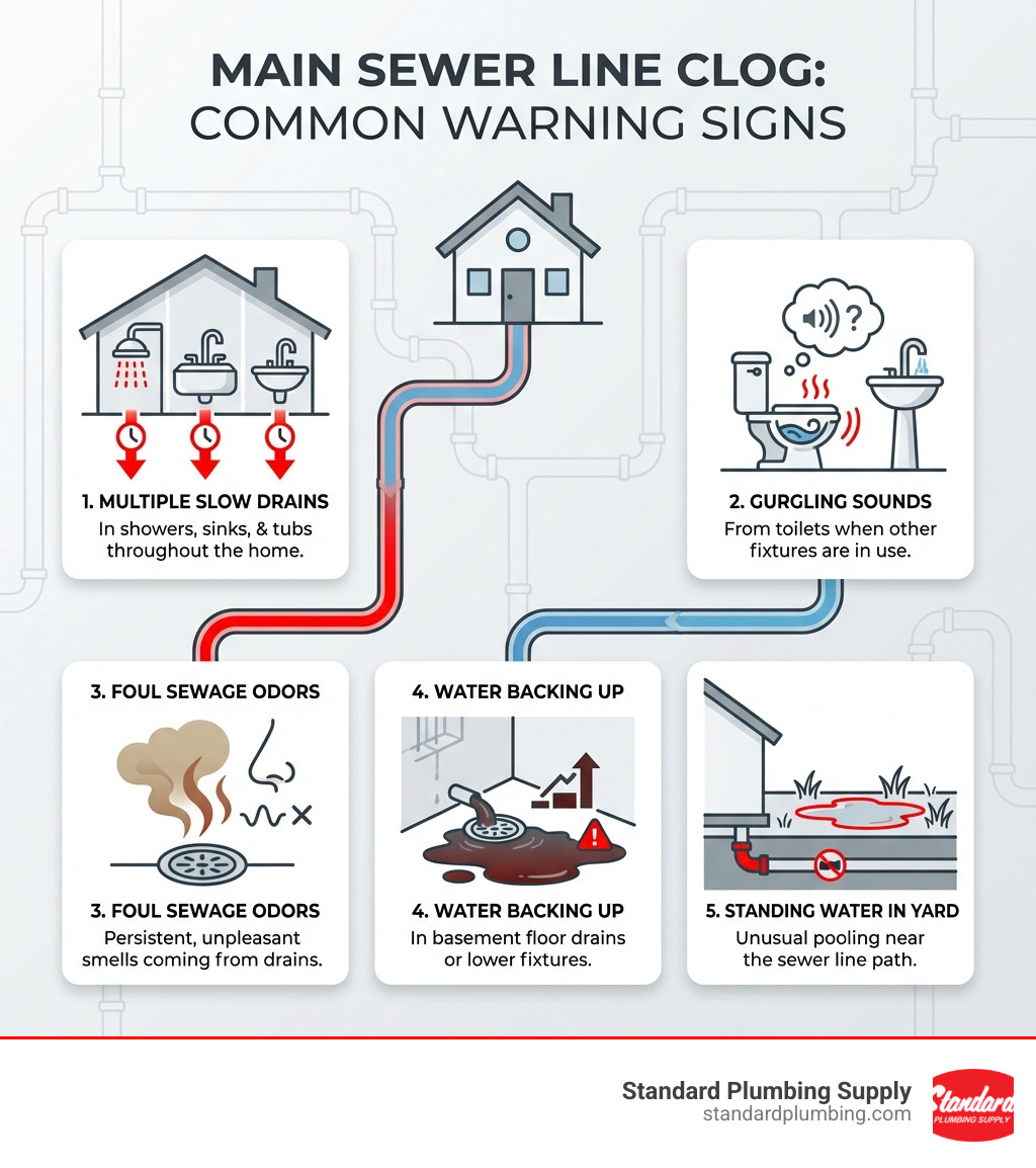 Infographic showing the common warning signs of a main sewer line clog including multiple slow drains throughout the house, gurgling sounds from toilets when other fixtures are used, foul sewage odors coming from drains, water backing up in basement floor drains or lower fixtures, and standing water in the yard near the sewer line - home plumber sewer line cleaner infographic 