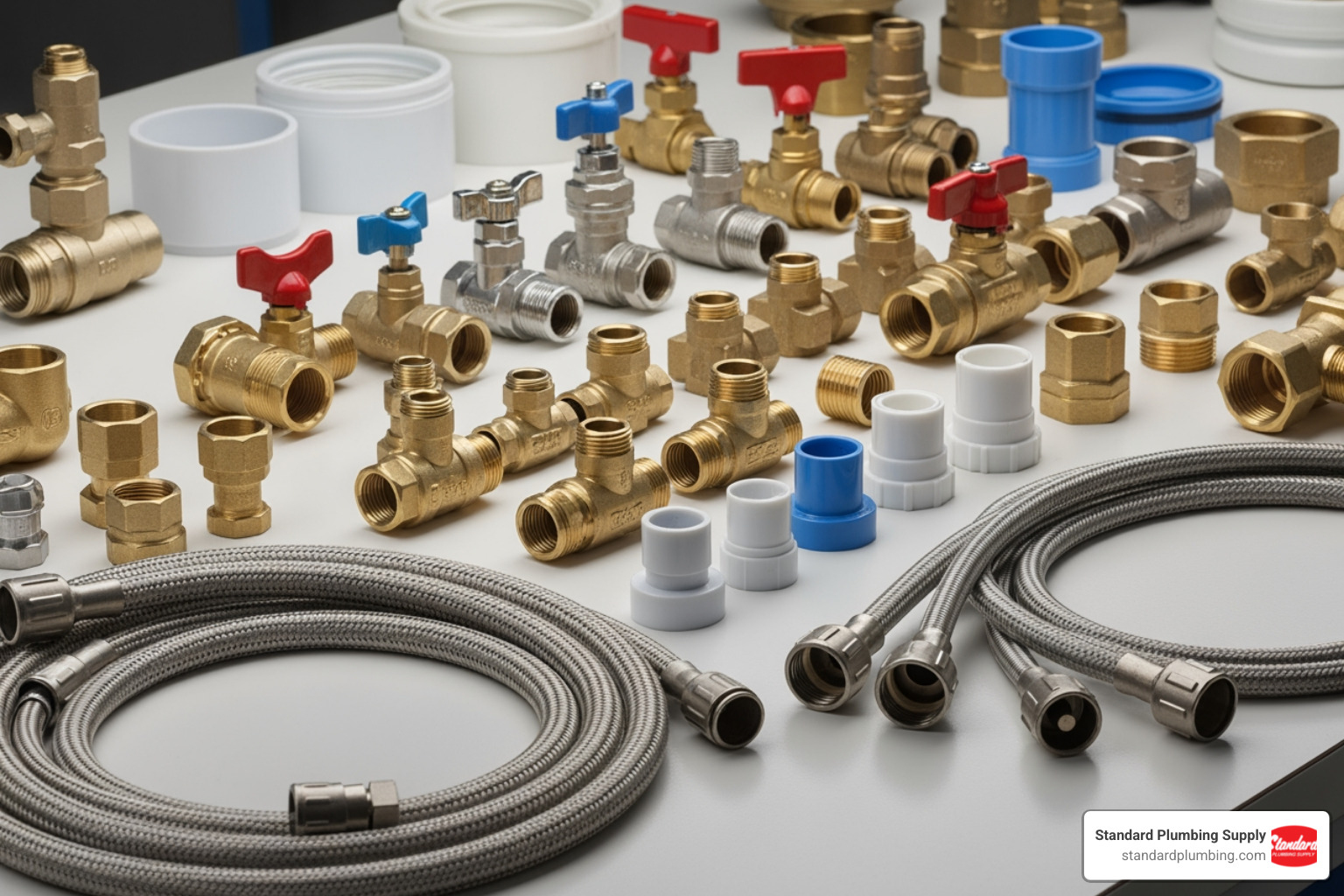 various essential plumbing parts like valves, fittings, and supply lines - plumbing supply near me