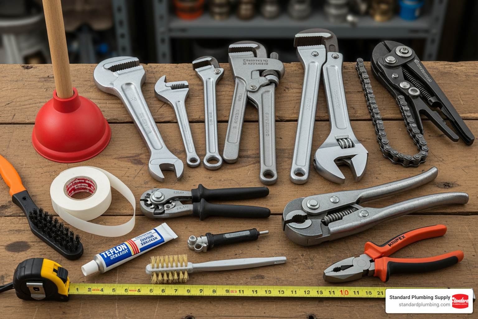 plumber's toolkit with wrenches, cutters, and a plunger - plumbing supply near me