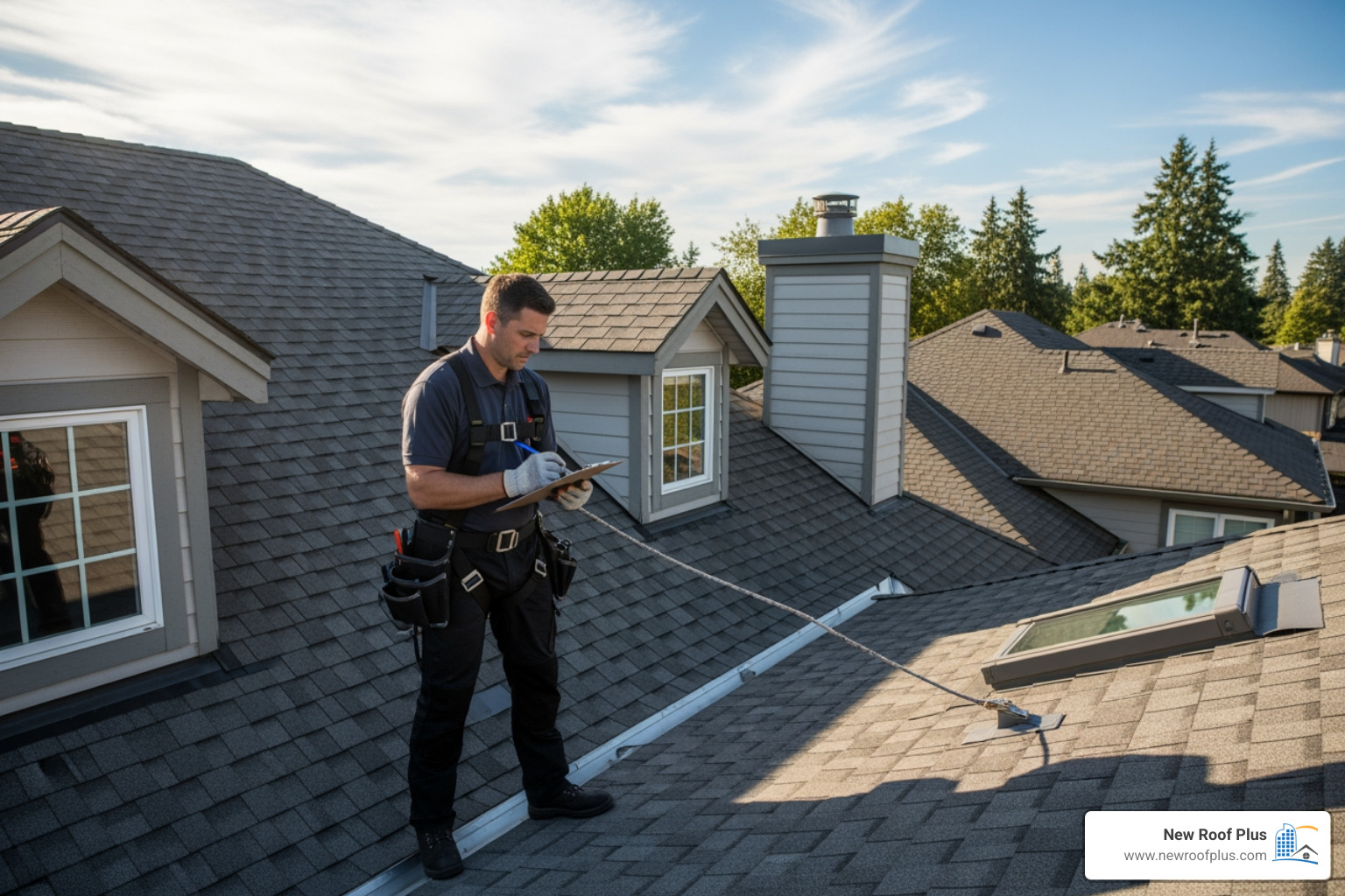 Professional roofer conducting a detailed roof inspection - Denver roofing experts Professional roofer conducting a detailed roof inspection - Denver roofing experts