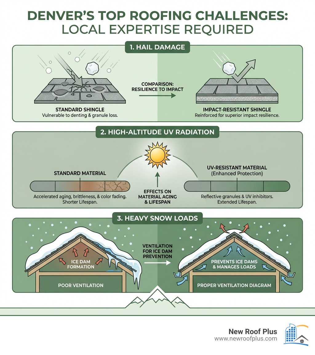 Infographic showing Denver's top three roofing challenges: Hail damage with impact-resistant shingles comparison, High-altitude UV radiation effects on material aging with lifespan chart, and Heavy snow loads with proper ventilation diagram for ice dam prevention - Denver roofing experts infographic Infographic showing Denver's top three roofing challenges: Hail damage with impact-resistant shingles comparison, High-altitude UV radiation effects on material aging with lifespan chart, and Heavy snow loads with proper ventilation diagram for ice dam prevention - Denver roofing experts infographic