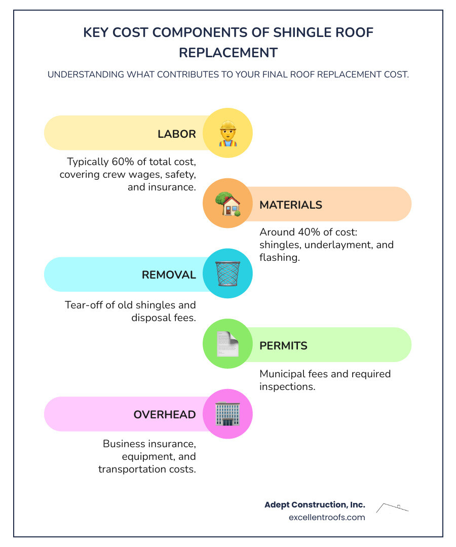 Infographic showing five key cost components of shingle roof replacement: Materials (40% - shingles, underlayment, flashing), Labor (60% - crew wages, safety equipment, insurance), Removal (old shingle tear-off and disposal fees), Permits (municipal fees and inspections), and Overhead (business insurance, equipment, transportation) - average cost of replacing a shingle roof infographic infographic-line-5-steps-colors