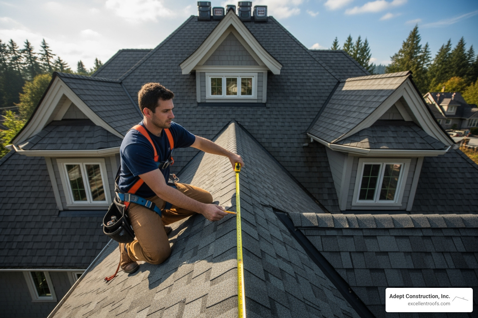 Roofer measuring complex steep pitched roof - average cost of replacing a shingle roof