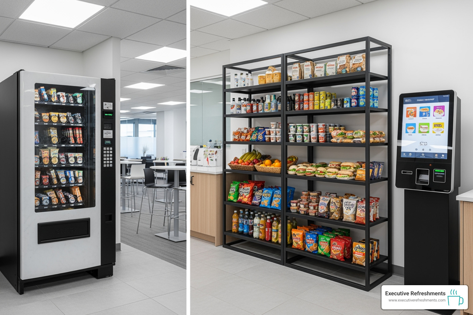 side-by-side comparison of a traditional vending machine and a modern, open-shelf micro-market in an office breakroom - company vending side-by-side comparison of a traditional vending machine and a modern, open-shelf micro-market in an office breakroom - company vending