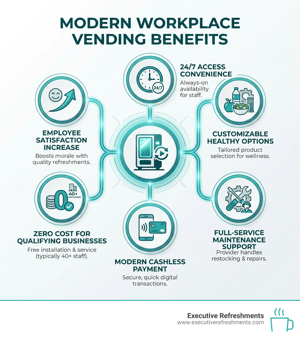infographic showing benefits of modern workplace vending including employee satisfaction increase, convenience of 24/7 access, customizable healthy options, zero cost for qualifying businesses with 40+ employees, modern cashless payment technology, and full-service maintenance support - company vending infographic infographic showing benefits of modern workplace vending including employee satisfaction increase, convenience of 24/7 access, customizable healthy options, zero cost for qualifying businesses with 40+ employees, modern cashless payment technology, and full-service maintenance support - company vending infographic