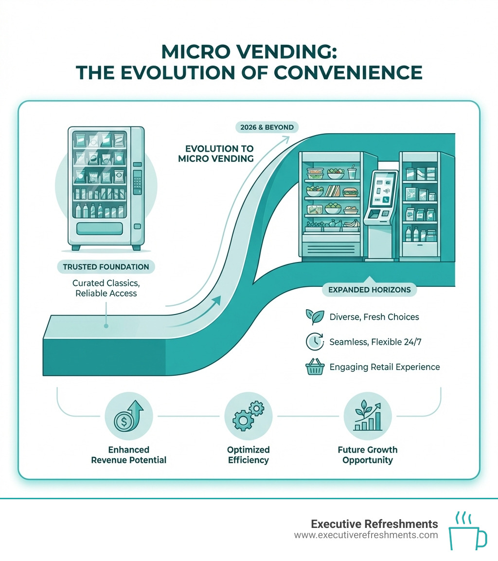 Infographic showing the evolution from traditional vending machines to micro markets: Left side shows a traditional vending machine with limited selection (20-40 items), cash-only payments, frequent jams, and classic snacks and drinks. Right side shows a micro market with open shelving displaying 200+ fresh and packaged items, self-checkout kiosk with multiple payment options, 24/7 access, fresh salads and sandwiches, and a modern retail-style layout. Center arrow indicates the shift with key stats: 40% revenue increase, 60% cost reduction, 2-6x sales growth. - micro vending machines infographic Infographic showing the evolution from traditional vending machines to micro markets: Left side shows a traditional vending machine with limited selection (20-40 items), cash-only payments, frequent jams, and classic snacks and drinks. Right side shows a micro market with open shelving displaying 200+ fresh and packaged items, self-checkout kiosk with multiple payment options, 24/7 access, fresh salads and sandwiches, and a modern retail-style layout. Center arrow indicates the shift with key stats: 40% revenue increase, 60% cost reduction, 2-6x sales growth. - micro vending machines infographic