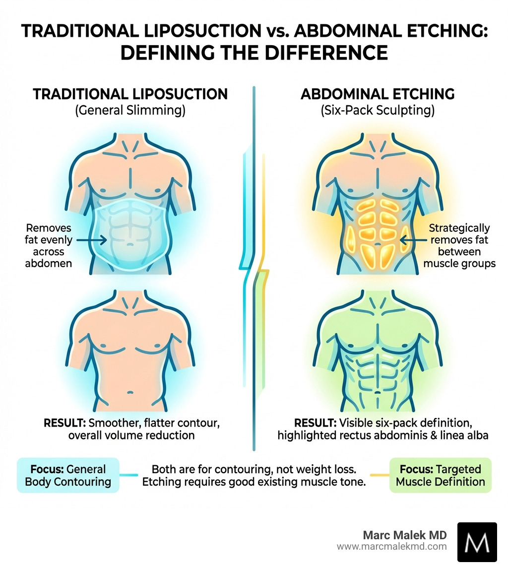 Infographic showing the key differences between traditional liposuction (removes fat evenly across the abdomen for general slimming) and abdominal etching (strategically removes fat between muscle groups to create visible six-pack definition, highlighting the rectus abdominis and linea alba) - male abdominal etching infographic Infographic showing the key differences between traditional liposuction (removes fat evenly across the abdomen for general slimming) and abdominal etching (strategically removes fat between muscle groups to create visible six-pack definition, highlighting the rectus abdominis and linea alba) - male abdominal etching infographic