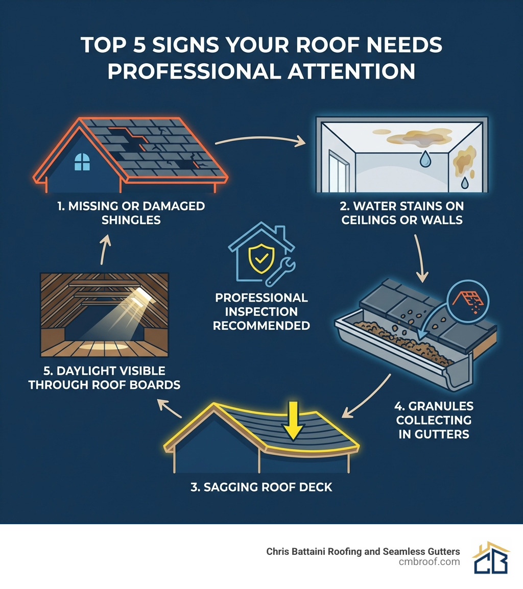 Infographic showing the top 5 signs your roof needs professional attention: missing or damaged shingles, water stains on ceilings or walls, sagging roof deck, granules collecting in gutters, and daylight visible through roof boards - Roofing company Springfield MA infographic 