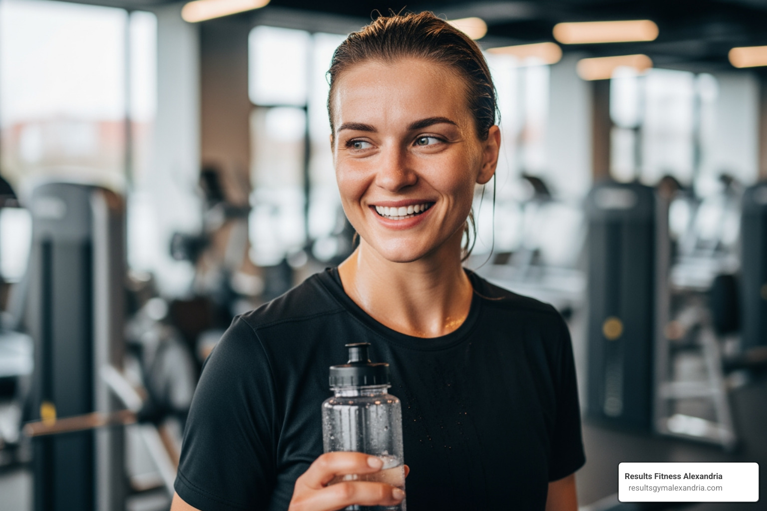 A person looking energized and happy after a workout, with a glow of sweat and a confident smile, holding a water bottle - basic zumba dance workout for beginners