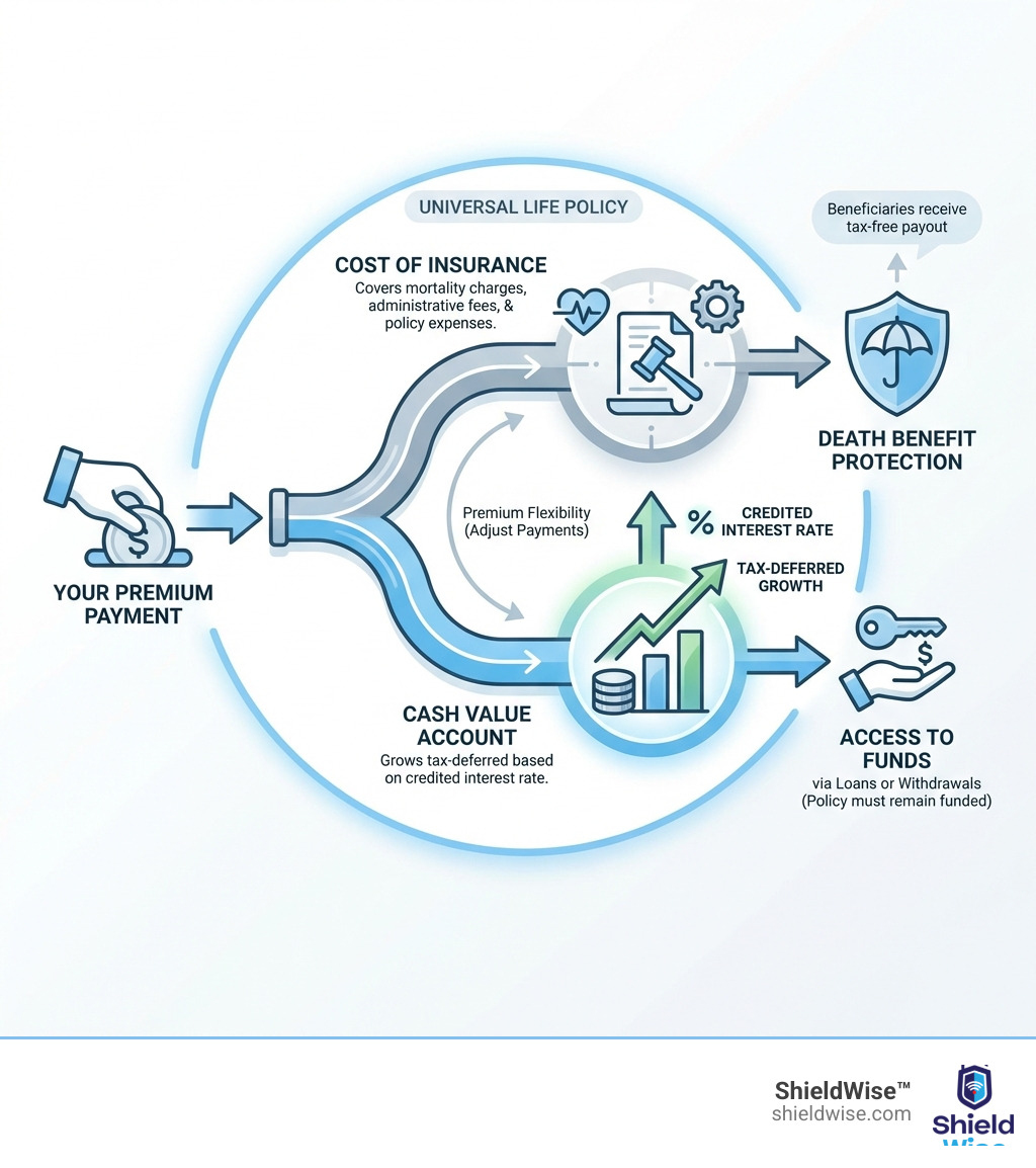 Infographic showing how a universal life insurance premium is divided: a portion pays for the cost of insurance (mortality charges, administrative fees, and policy expenses), while the remaining portion flows into a cash value account that grows tax-deferred based on a credited interest rate set by the insurer - how does universal life insurance work infographic 