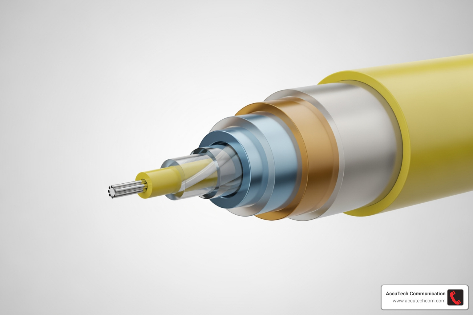 cross-section of a fiber optic cable with core, cladding, buffer layers labeled - fiber optic network components