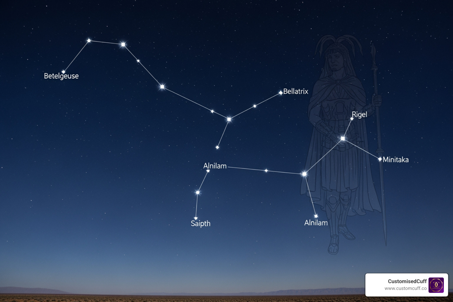 Orion constellation lines and artwork overlay - constellation stars