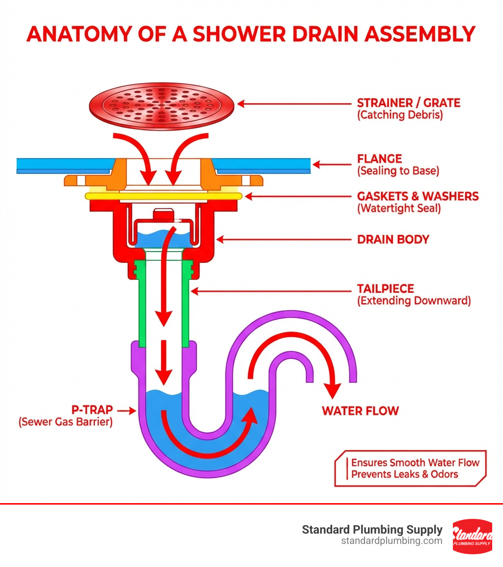 infographic showing the complete anatomy of a shower drain assembly including strainer at top, flange and gaskets for sealing to shower base, drain body connecting components, tailpiece extending downward, and P-trap at bottom with labels for each part and arrows showing water flow direction - Shower drain parts infographic infographic showing the complete anatomy of a shower drain assembly including strainer at top, flange and gaskets for sealing to shower base, drain body connecting components, tailpiece extending downward, and P-trap at bottom with labels for each part and arrows showing water flow direction - Shower drain parts infographic