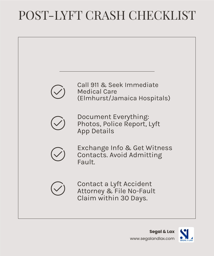 Steps after Lyft accident Queens infographic showing: 1. Call 911 and seek medical care at Elmhurst Hospital or Jamaica Hospital Medical Center 2. File police report 3. Document scene with photos and videos 4. Screenshot Lyft app trip details 5. Exchange driver and insurance information 6. Get witness contacts 7. Contact Queens Lyft accident attorney within 30 days 8. File No-Fault insurance claim within 30 days - lyft accident lawyer Queens infographic checklist-light-beige Steps after Lyft accident Queens infographic showing: 1. Call 911 and seek medical care at Elmhurst Hospital or Jamaica Hospital Medical Center 2. File police report 3. Document scene with photos and videos 4. Screenshot Lyft app trip details 5. Exchange driver and insurance information 6. Get witness contacts 7. Contact Queens Lyft accident attorney within 30 days 8. File No-Fault insurance claim within 30 days - lyft accident lawyer Queens infographic checklist-light-beige