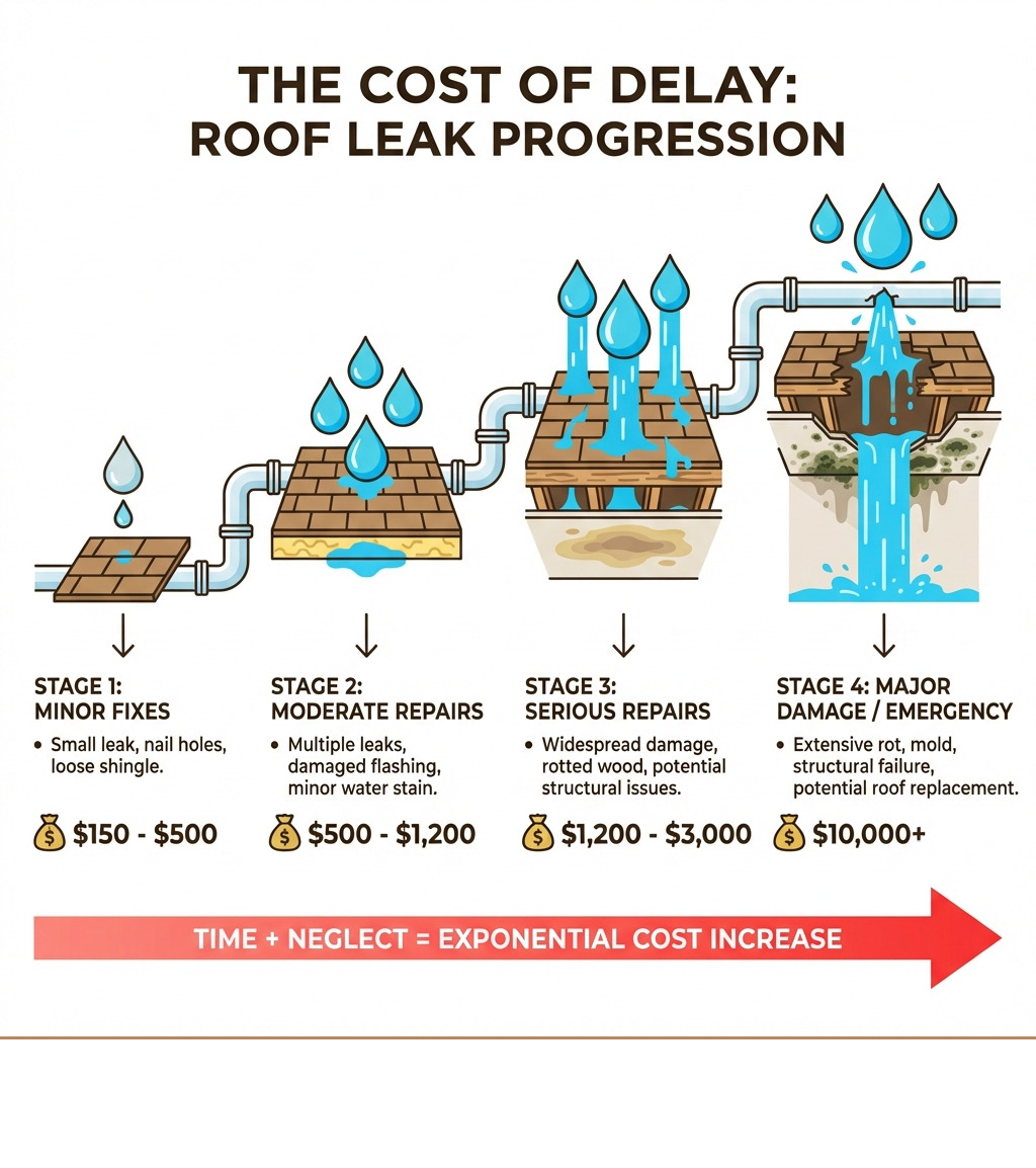 infographic showing progression from small leak to major damage with cost increases at each stage - budget friendly roof repair infographic infographic showing progression from small leak to major damage with cost increases at each stage - budget friendly roof repair infographic