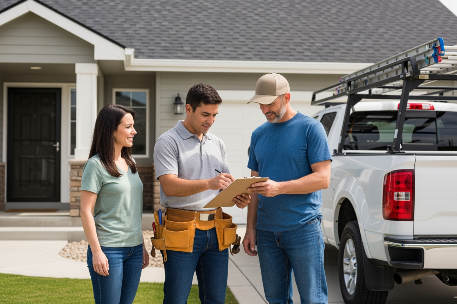 roofer reviewing estimate with homeowner - budget friendly roof repair roofer reviewing estimate with homeowner - budget friendly roof repair