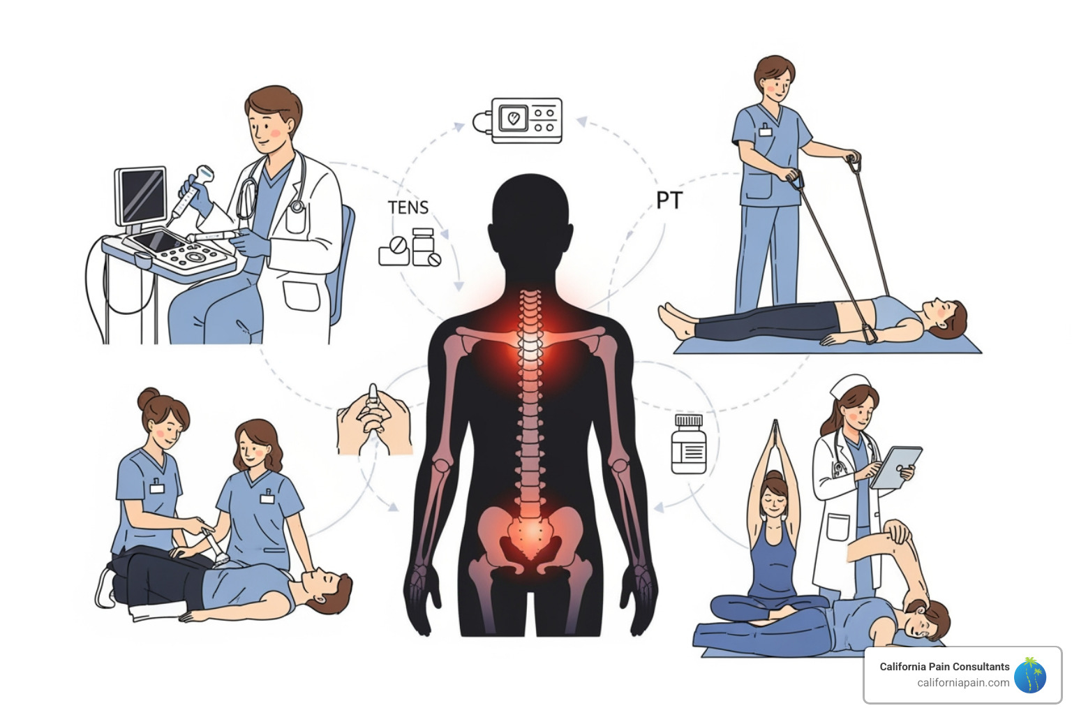 diagram of procedures, physical therapy, and wellness strategies - pain care center