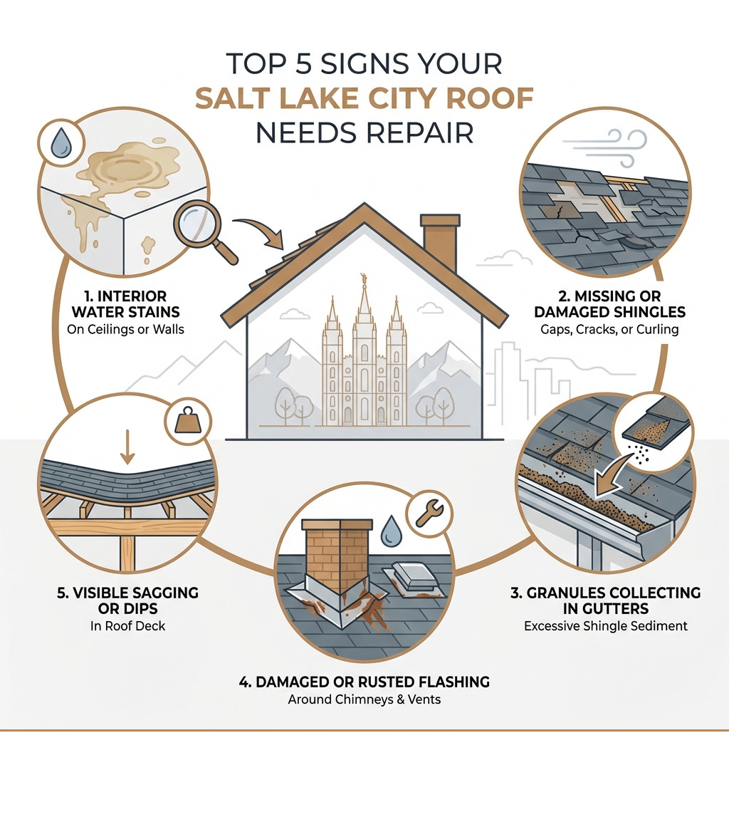 Infographic showing the top 5 signs your Salt Lake City roof needs repair: interior water stains on ceilings or walls, missing or damaged shingles, granules collecting in gutters, damaged or rusted flashing around chimneys and vents, and visible sagging or dips in the roof deck - roof repair salt lake city infographic Infographic showing the top 5 signs your Salt Lake City roof needs repair: interior water stains on ceilings or walls, missing or damaged shingles, granules collecting in gutters, damaged or rusted flashing around chimneys and vents, and visible sagging or dips in the roof deck - roof repair salt lake city infographic