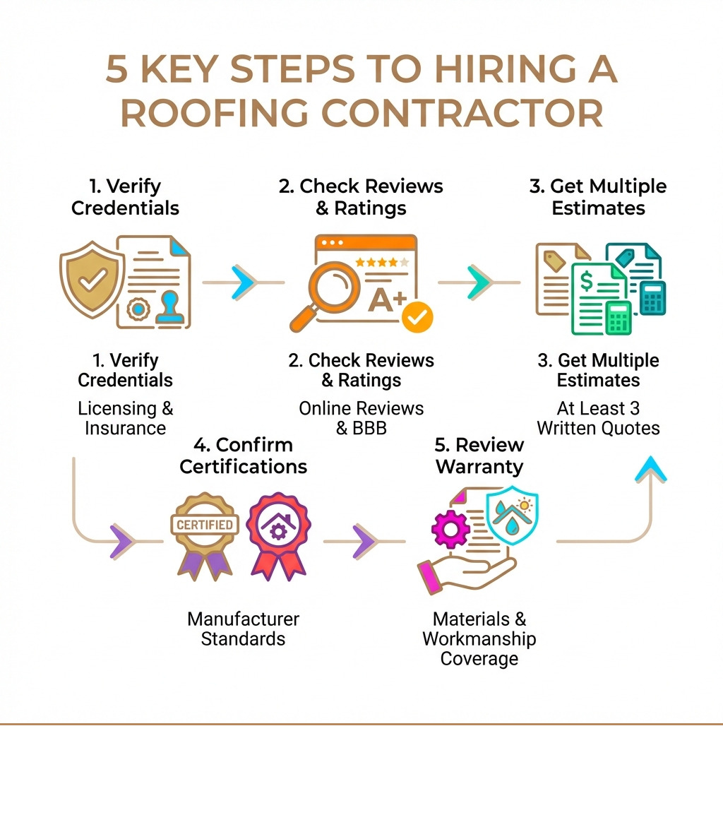Infographic showing the 5 key steps to hiring a roofing contractor: 1. Verify licensing and insurance credentials, 2. Check online reviews and BBB ratings, 3. Get at least 3 written estimates, 4. Confirm manufacturer certifications like GAF or CertainTeed, 5. Review warranty coverage for materials and workmanship - roofing near me infographic Infographic showing the 5 key steps to hiring a roofing contractor: 1. Verify licensing and insurance credentials, 2. Check online reviews and BBB ratings, 3. Get at least 3 written estimates, 4. Confirm manufacturer certifications like GAF or CertainTeed, 5. Review warranty coverage for materials and workmanship - roofing near me infographic