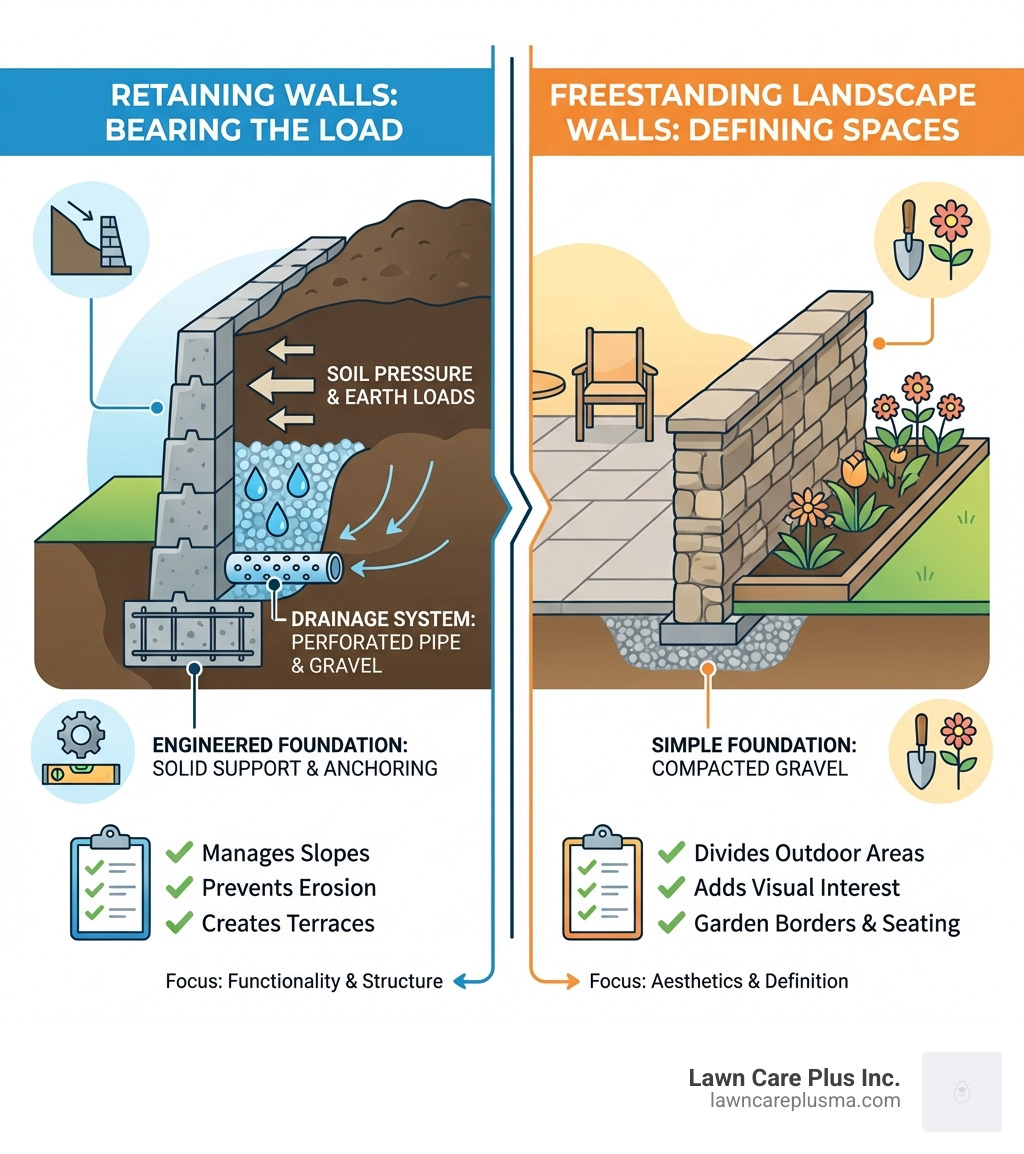 Infographic comparing retaining walls versus freestanding landscape walls, showing retaining walls holding back soil with drainage systems and engineered foundations, while freestanding walls are shorter decorative structures that divide spaces without bearing soil loads - building wall infographic 