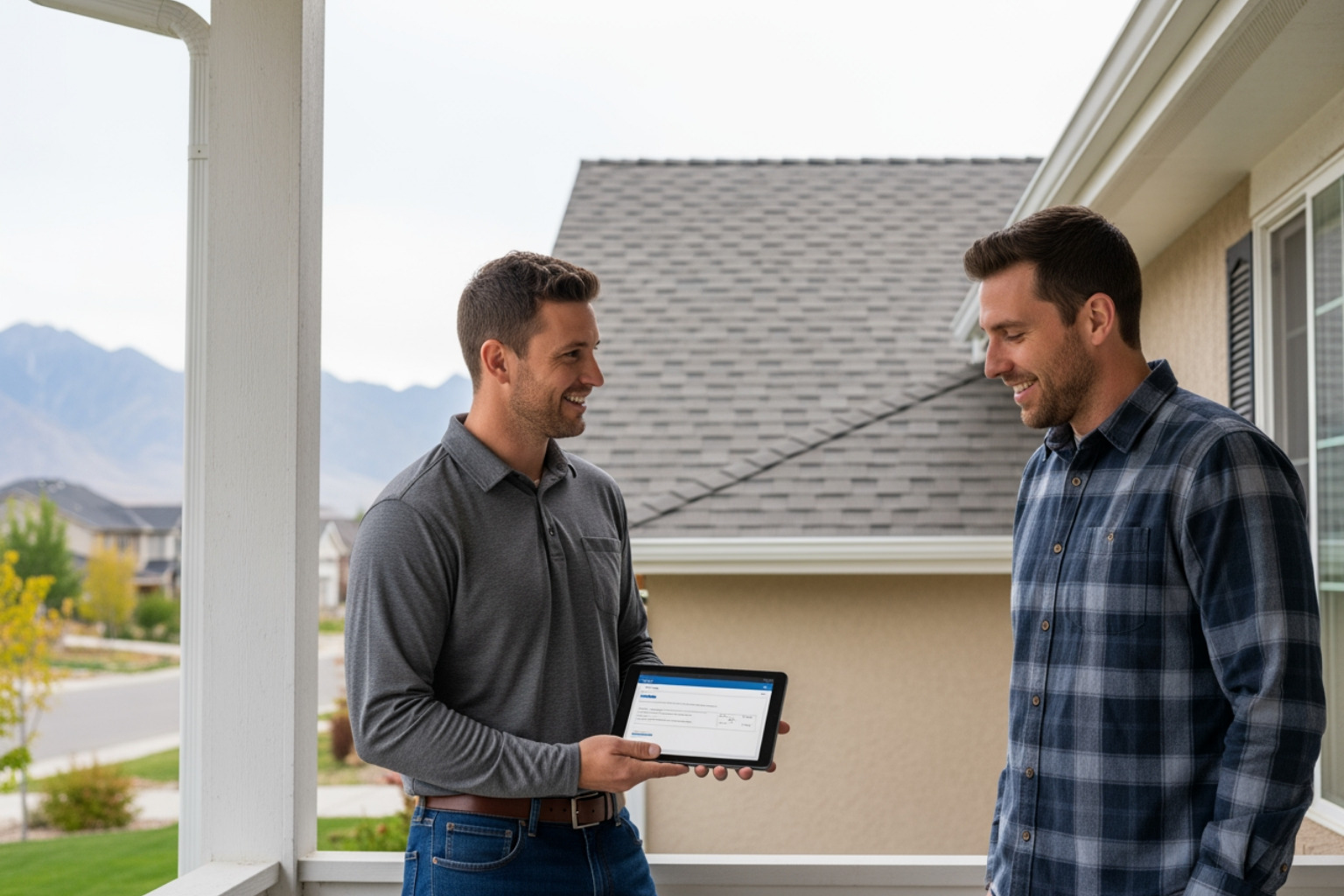 roofer showing estimate on a tablet to a homeowner - roof repair salt lake city roofer showing estimate on a tablet to a homeowner - roof repair salt lake city
