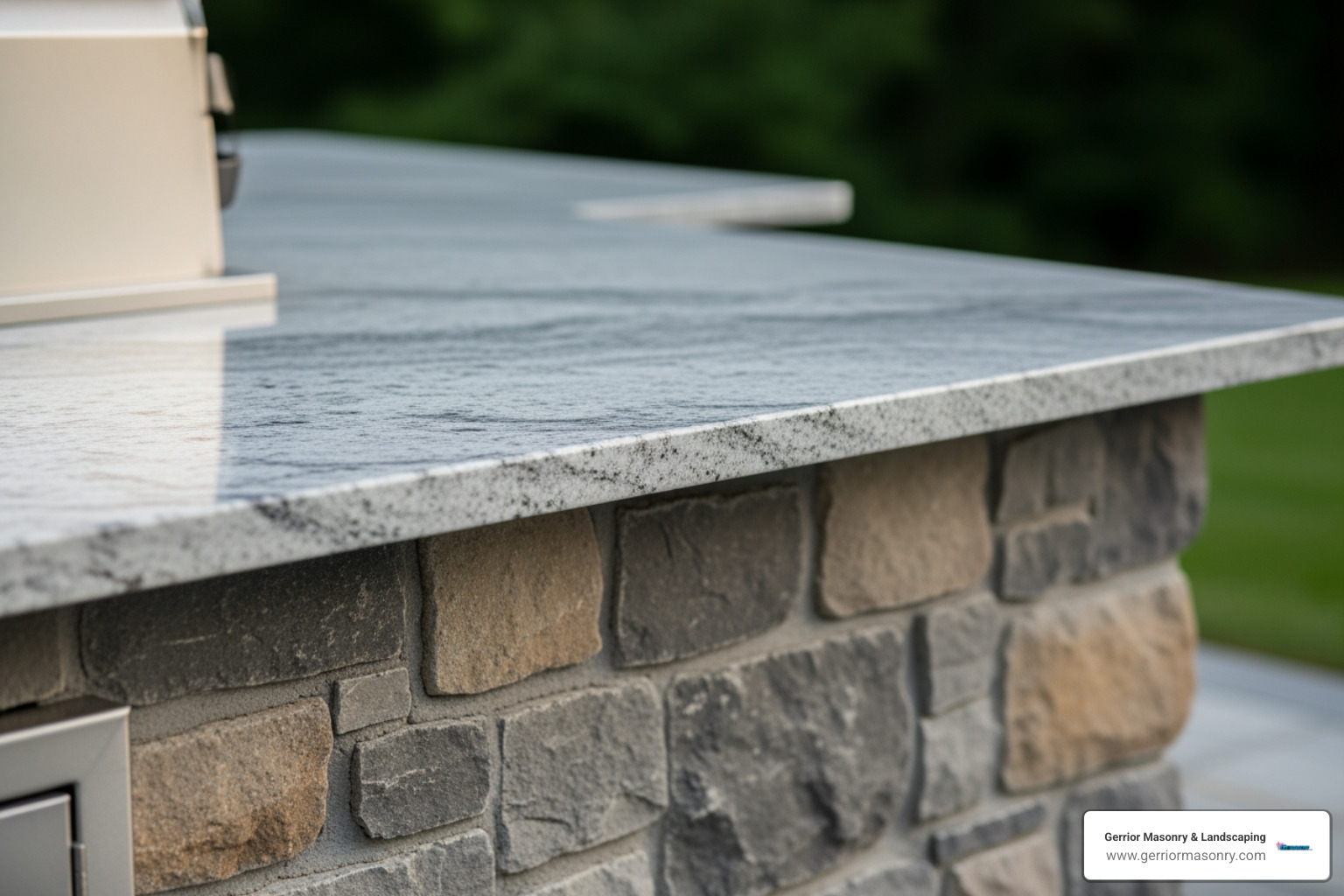 close up natural stone veneer and granite countertop in outdoor kitchen - Outdoor kitchen Lexington MA