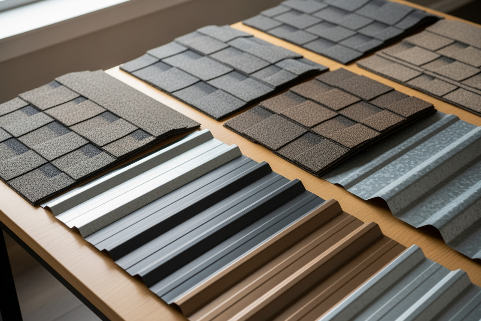 samples of asphalt shingles and metal roofing panels arranged on a table - roofing near me samples of asphalt shingles and metal roofing panels arranged on a table - roofing near me