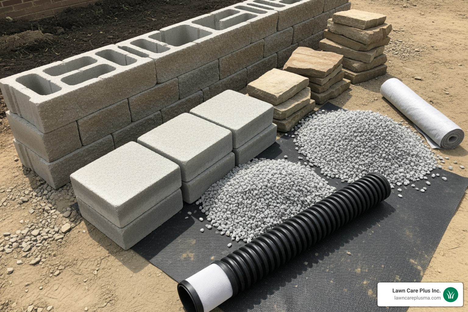 retaining wall materials like natural stone, concrete blocks, capstones, gravel, and pipe - building wall