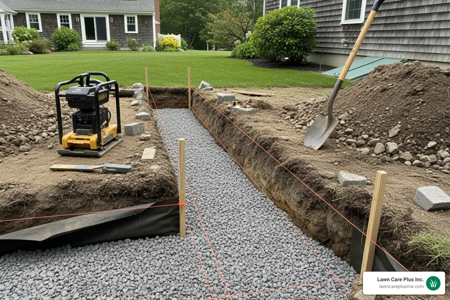 Trench with compacted gravel base and string lines - building wall