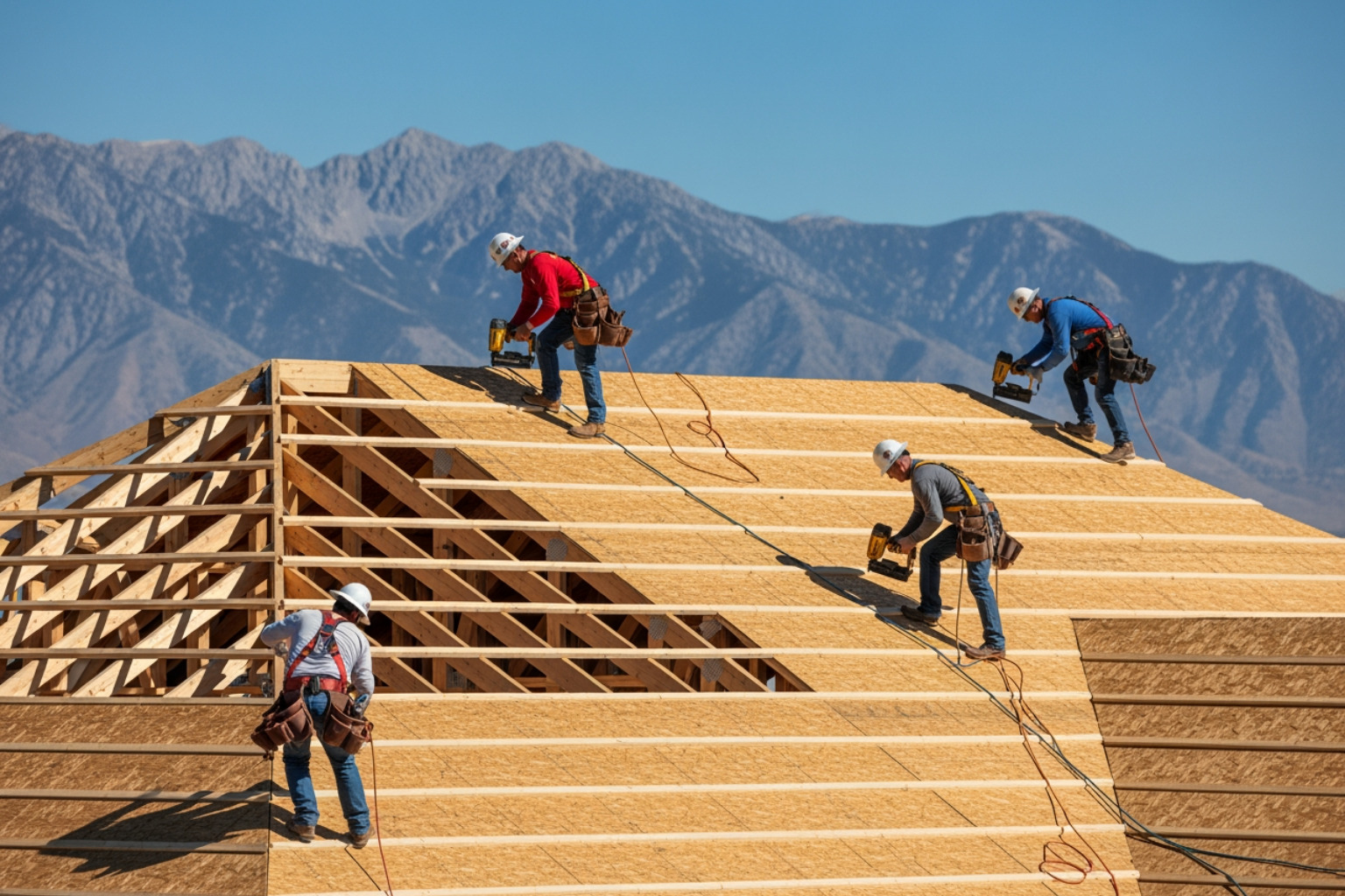 roofing crew installing sheathing on a new Utah home - new construction roofing roofing crew installing sheathing on a new Utah home - new construction roofing