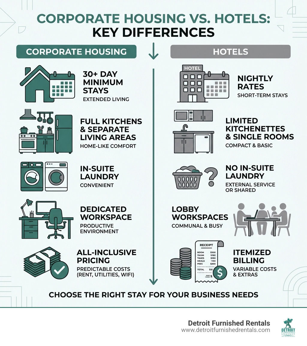 Infographic comparing corporate housing versus hotels showing key differences: corporate housing offers 30+ day minimum stays with full kitchens, separate living areas, in-suite laundry, workspace, and all-inclusive pricing versus hotels with nightly rates, limited kitchenettes, single rooms, no laundry, lobby workspaces, and itemized billing - Short-term corporate housing infographic Infographic comparing corporate housing versus hotels showing key differences: corporate housing offers 30+ day minimum stays with full kitchens, separate living areas, in-suite laundry, workspace, and all-inclusive pricing versus hotels with nightly rates, limited kitchenettes, single rooms, no laundry, lobby workspaces, and itemized billing - Short-term corporate housing infographic