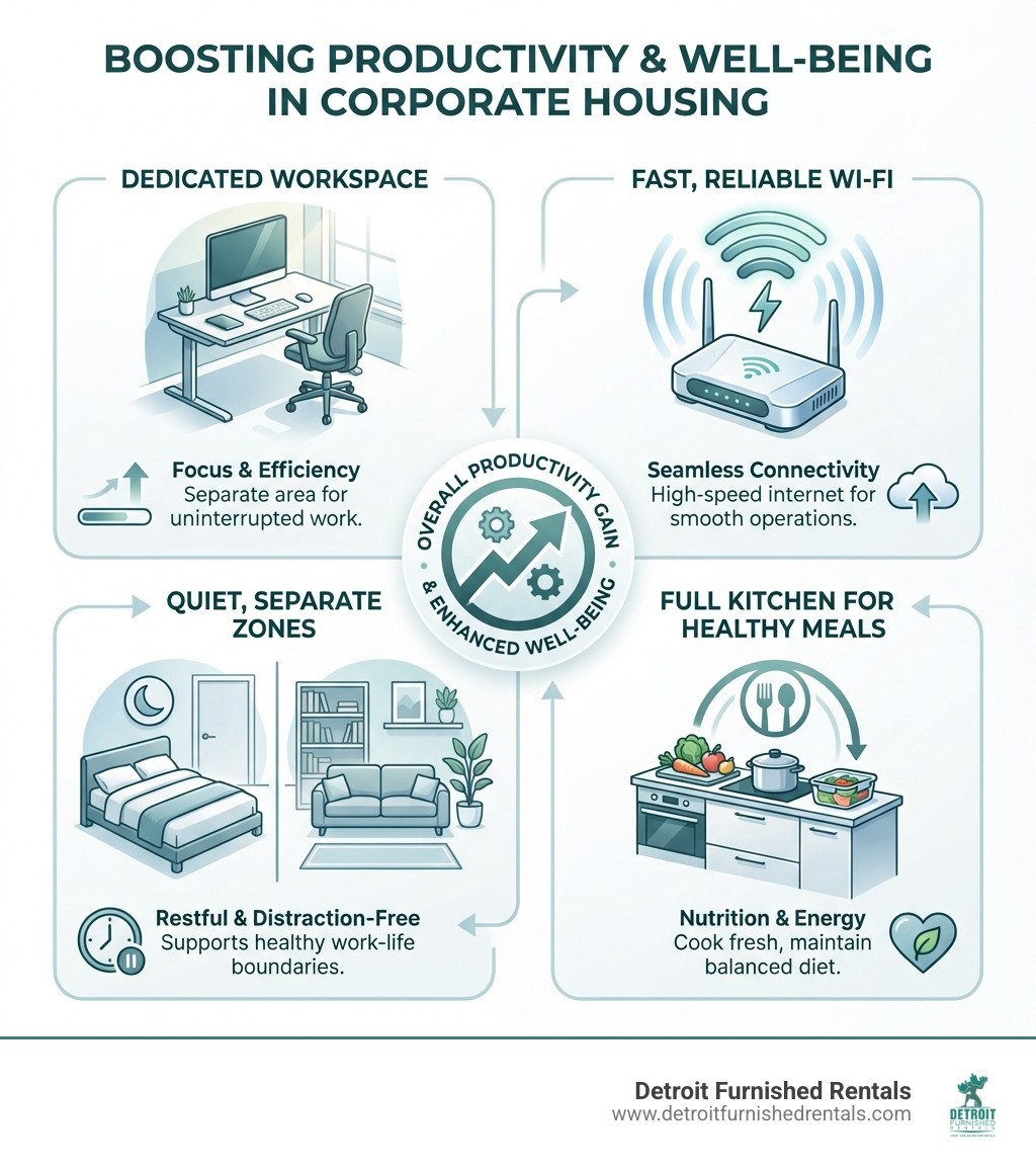 Productivity benefits infographic showing dedicated workspace, fast Wi‑Fi, quiet rooms, and kitchen for healthy meals - Short-term corporate housing infographic Productivity benefits infographic showing dedicated workspace, fast Wi‑Fi, quiet rooms, and kitchen for healthy meals - Short-term corporate housing infographic