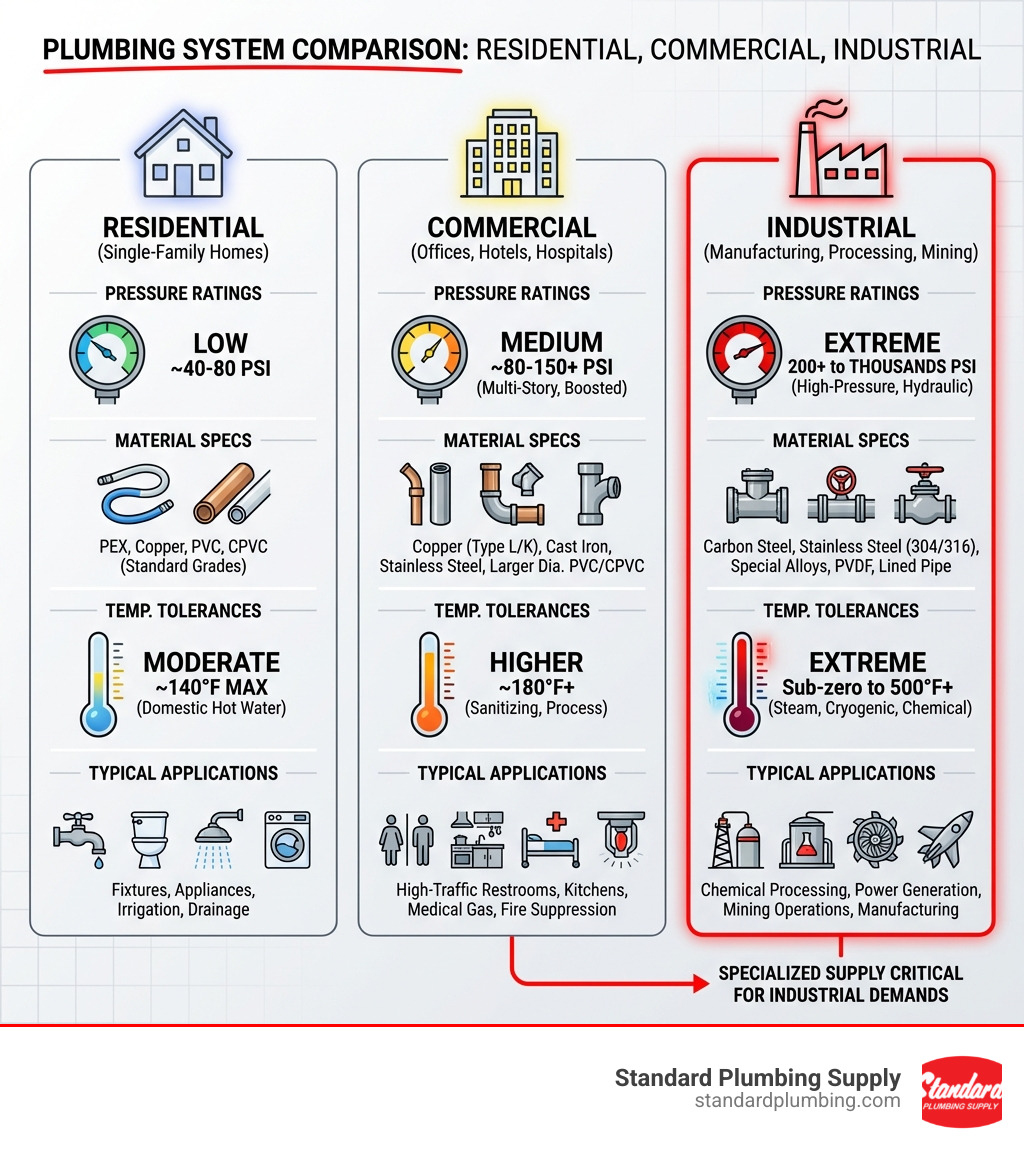 Infographic showing the differences between residential, commercial, and industrial plumbing systems including pressure ratings, material specifications, temperature tolerances, and typical applications for each category - industrial plumbing supply salt lake city infographic 