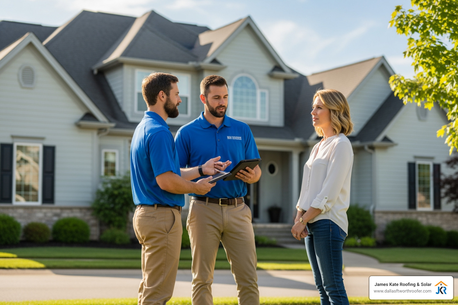 friendly professional in a royal blue James Kate Roofing shirt discussing a project with a homeowner in their yard - nearby roofing companies friendly professional in a royal blue James Kate Roofing shirt discussing a project with a homeowner in their yard - nearby roofing companies