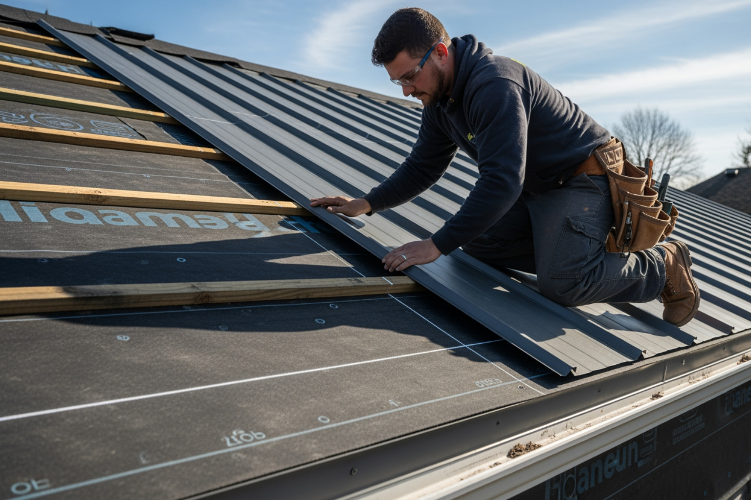 roofer aligning the first standing seam panel at the eave with a chalk line - residential metal roof installation roofer aligning the first standing seam panel at the eave with a chalk line - residential metal roof installation