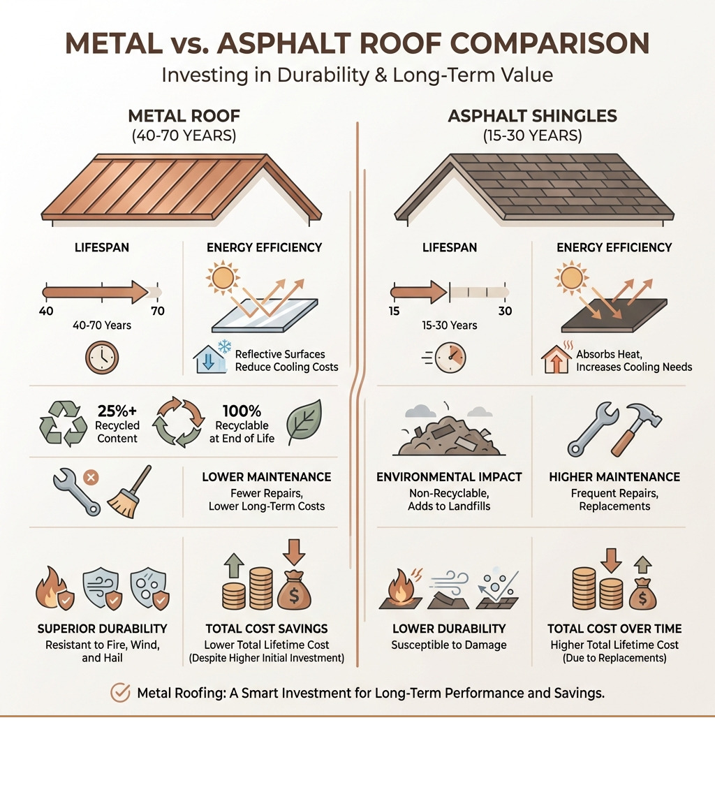 infographic comparing metal roof lifespan of 40-70 years versus asphalt shingles at 15-30 years, showing energy savings from reflective surfaces reducing cooling costs, environmental benefits including 25% recycled content and 100% recyclability, lower long-term maintenance costs, superior durability against fire wind and hail, and total cost savings over the roof's lifetime despite higher initial investment - residential metal roof installation infographic infographic comparing metal roof lifespan of 40-70 years versus asphalt shingles at 15-30 years, showing energy savings from reflective surfaces reducing cooling costs, environmental benefits including 25% recycled content and 100% recyclability, lower long-term maintenance costs, superior durability against fire wind and hail, and total cost savings over the roof's lifetime despite higher initial investment - residential metal roof installation infographic