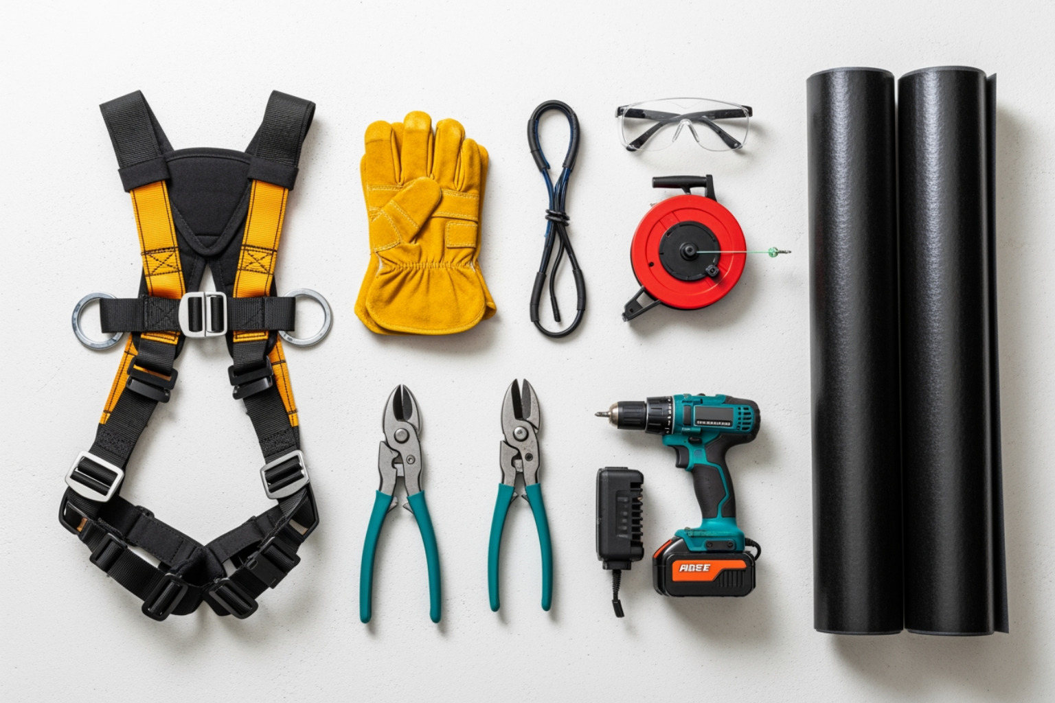 essential tools and safety gear for metal roofing: harness, gloves, snips, drill, chalk line, safety glasses, underlayment rolls - residential metal roof installation essential tools and safety gear for metal roofing: harness, gloves, snips, drill, chalk line, safety glasses, underlayment rolls - residential metal roof installation
