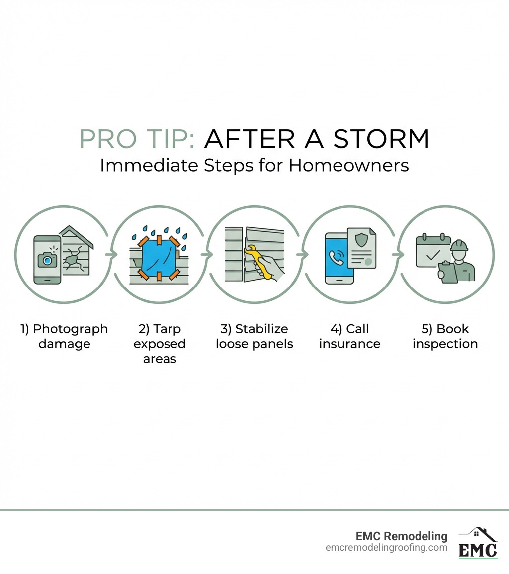 Pro tip infographic: After a storm1) Photograph damage, 2) Tarp exposed areas, 3) Stabilize loose panels, 4) Call insurance, 5) Book inspection - repairing vinyl siding wind damage infographic Pro tip infographic: After a storm1) Photograph damage, 2) Tarp exposed areas, 3) Stabilize loose panels, 4) Call insurance, 5) Book inspection - repairing vinyl siding wind damage infographic