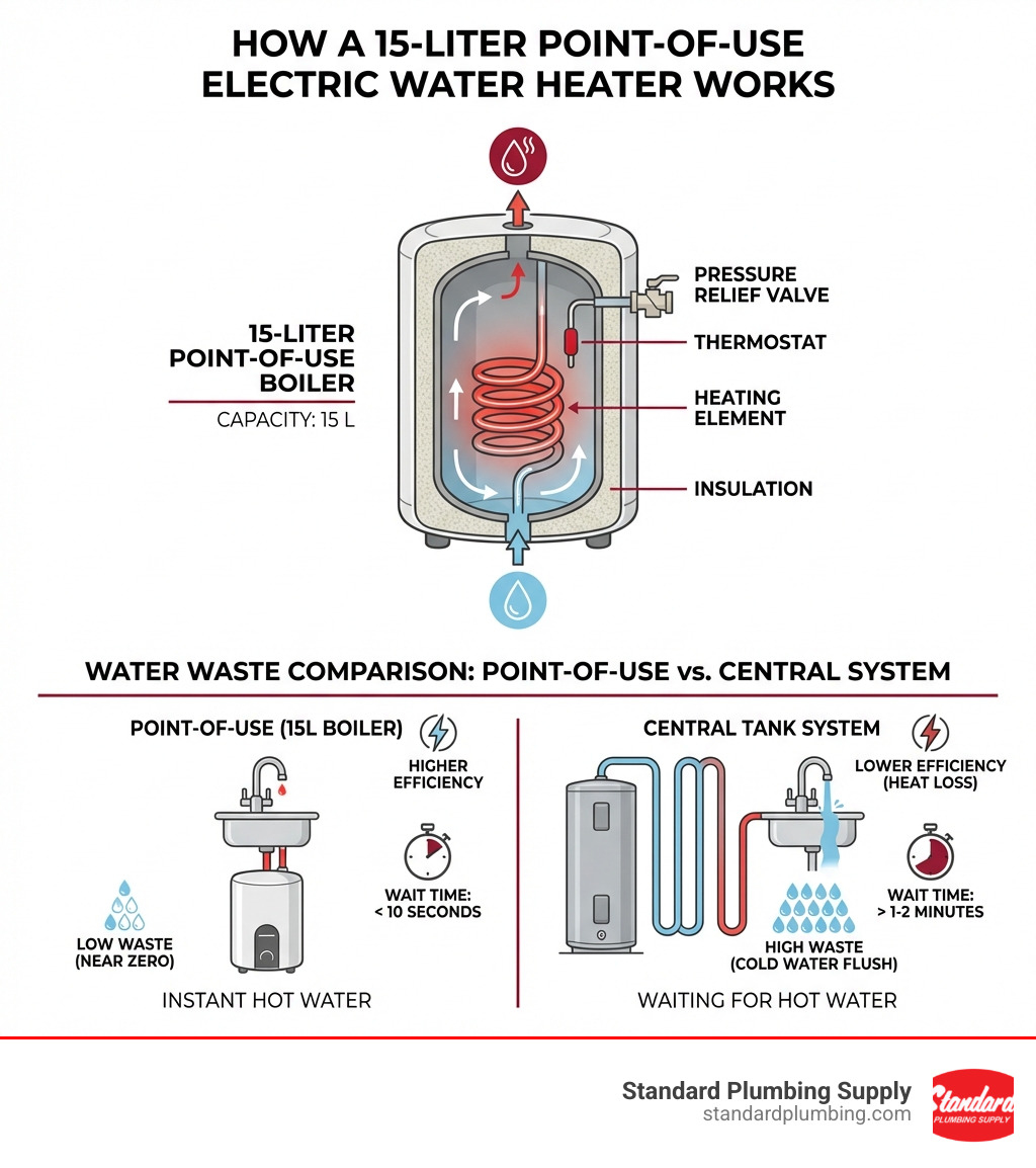 infographic showing how a 15-liter point-of-use electric water heater works, with labeled components including heating element, thermostat, pressure relief valve, insulation, and comparison of water waste between point-of-use and central tank systems - boiler electric 15 l infographic 