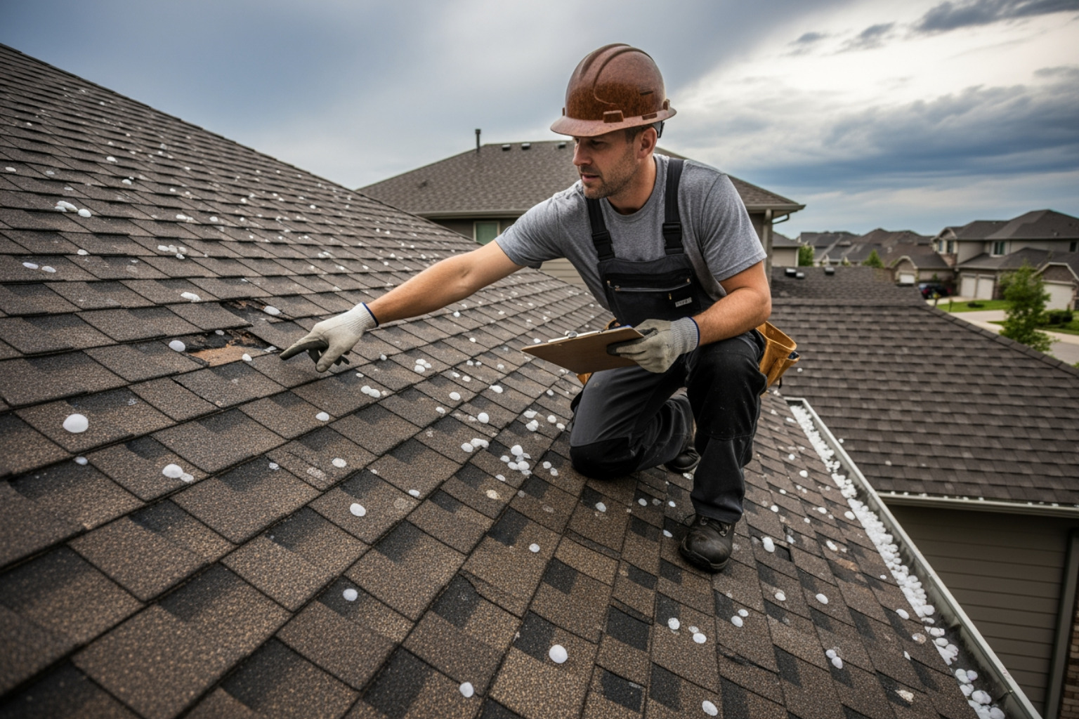 professional roofer with clipboard inspecting architectural asphalt shingles after a hailstorm - insurance claim roof repair professional roofer with clipboard inspecting architectural asphalt shingles after a hailstorm - insurance claim roof repair