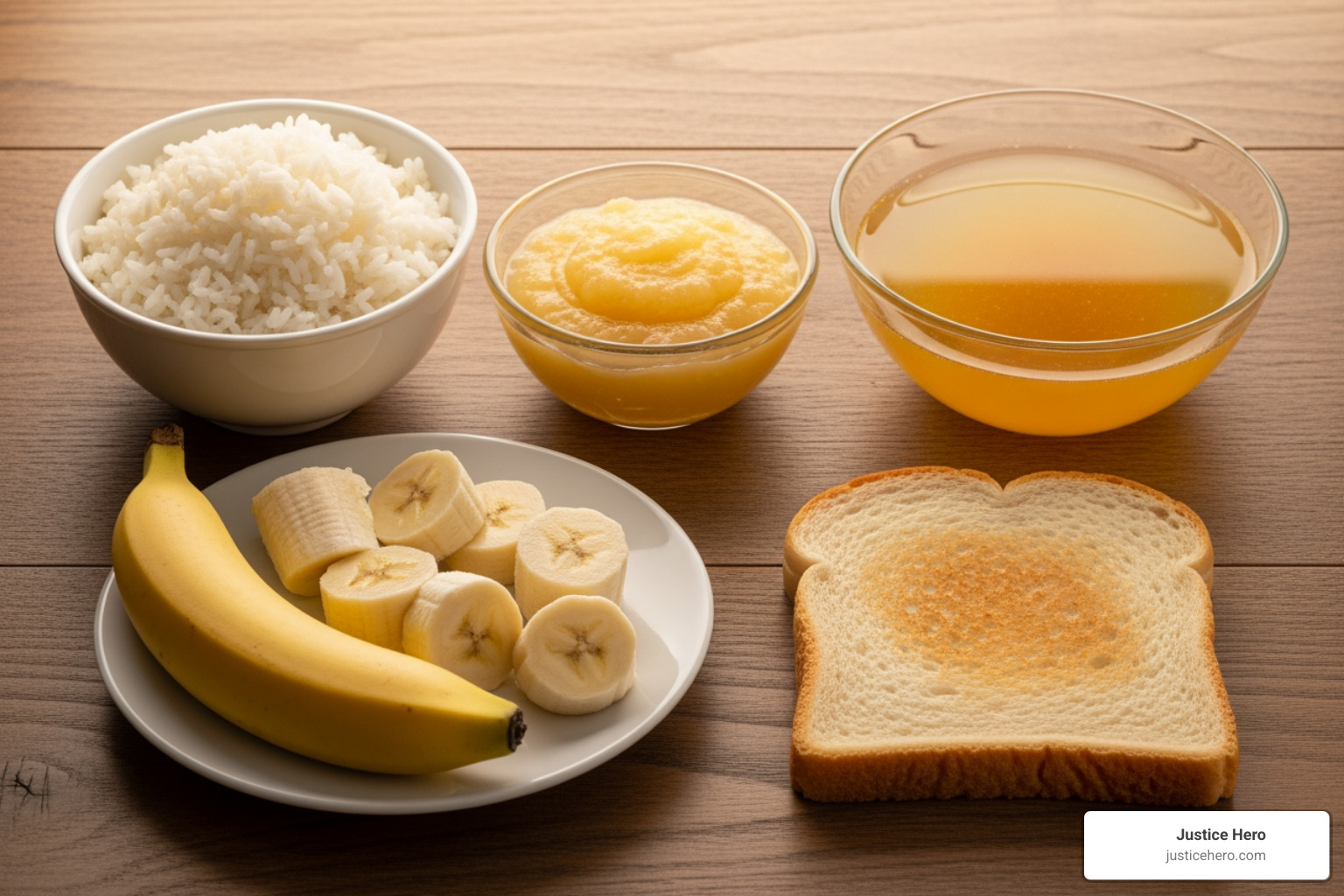 Bowl of rice, bananas, applesauce, toast, and clear broth on a table - Ozempic chronic diarrhea