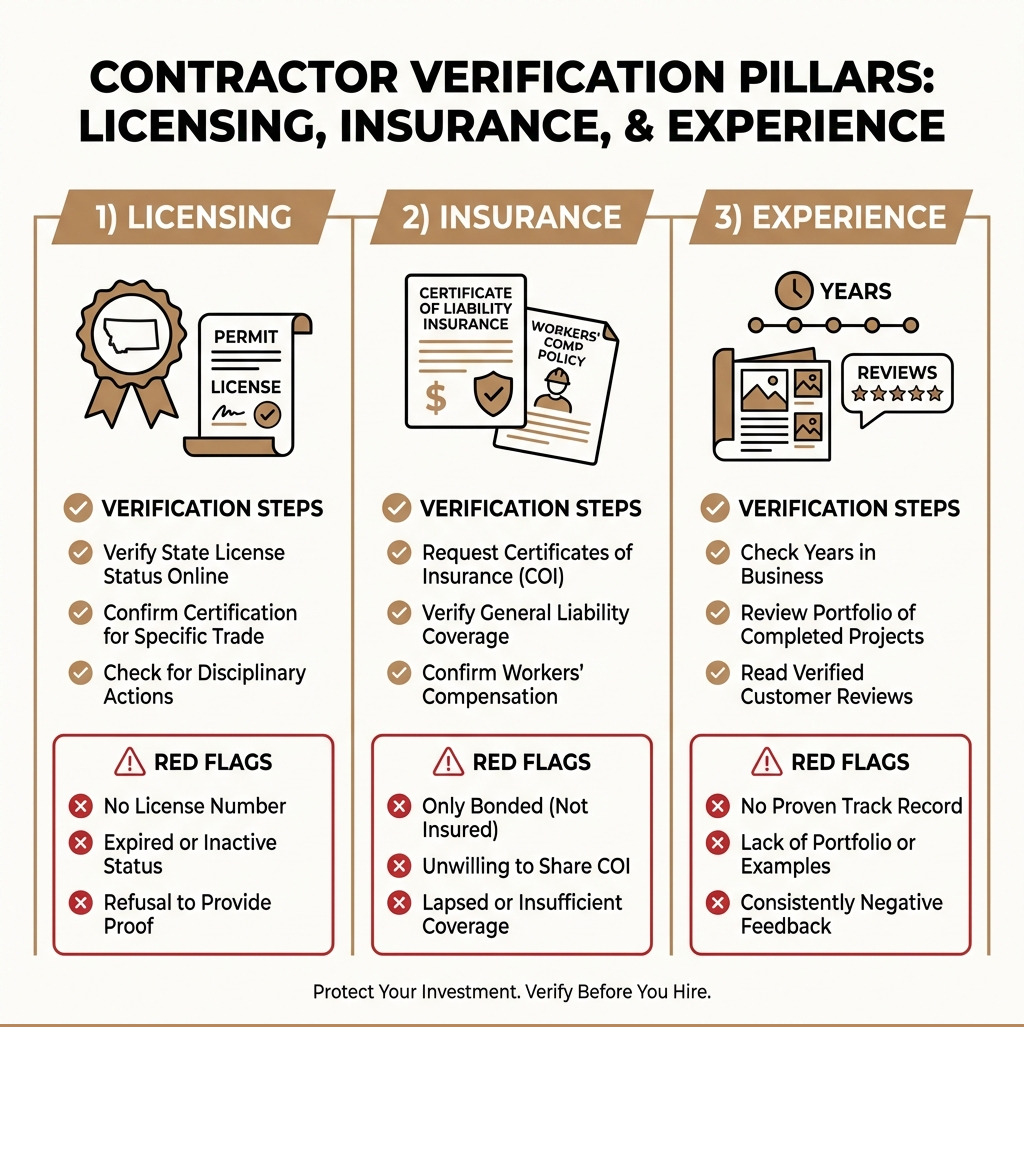 Infographic showing three pillars of contractor verification: 1) Licensing (with state seal icon and permit document), 2) Insurance (showing liability coverage certificate and workers comp policy), and 3) Experience (displaying years in business, portfolio examples, and customer reviews). Each pillar includes verification steps and red flags to watch for. - licensed roofing contractor infographic Infographic showing three pillars of contractor verification: 1) Licensing (with state seal icon and permit document), 2) Insurance (showing liability coverage certificate and workers comp policy), and 3) Experience (displaying years in business, portfolio examples, and customer reviews). Each pillar includes verification steps and red flags to watch for. - licensed roofing contractor infographic
