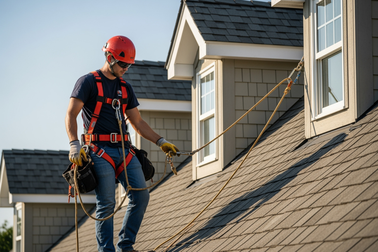 A certified roofer safely working on a complex roof with proper safety gear, emphasizing professionalism and safety - certified roofing contractors A certified roofer safely working on a complex roof with proper safety gear, emphasizing professionalism and safety - certified roofing contractors