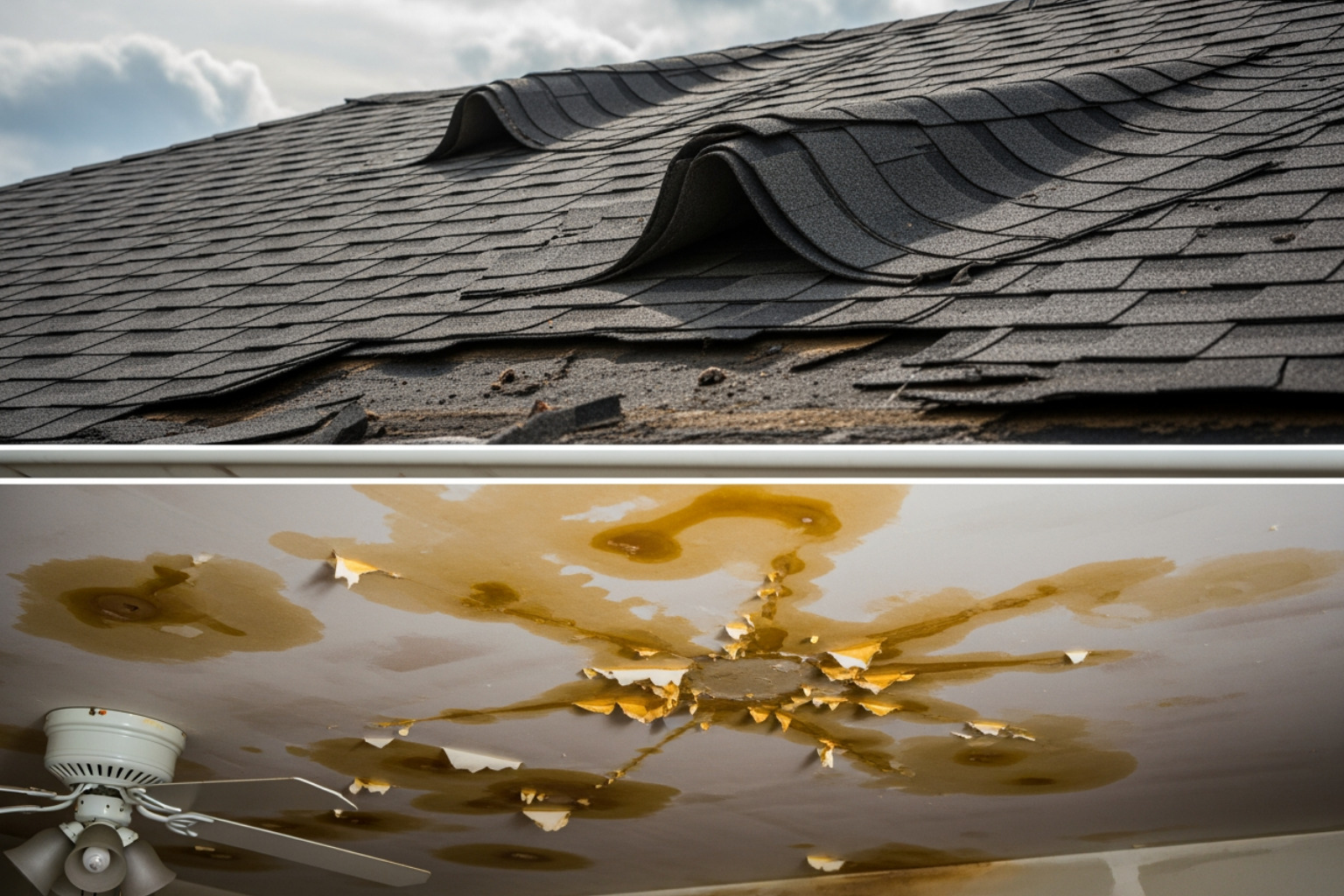 A damaged roof with curling shingles and water stains on the ceiling below, illustrating the consequences of poor roofing work - certified roofing contractors A damaged roof with curling shingles and water stains on the ceiling below, illustrating the consequences of poor roofing work - certified roofing contractors