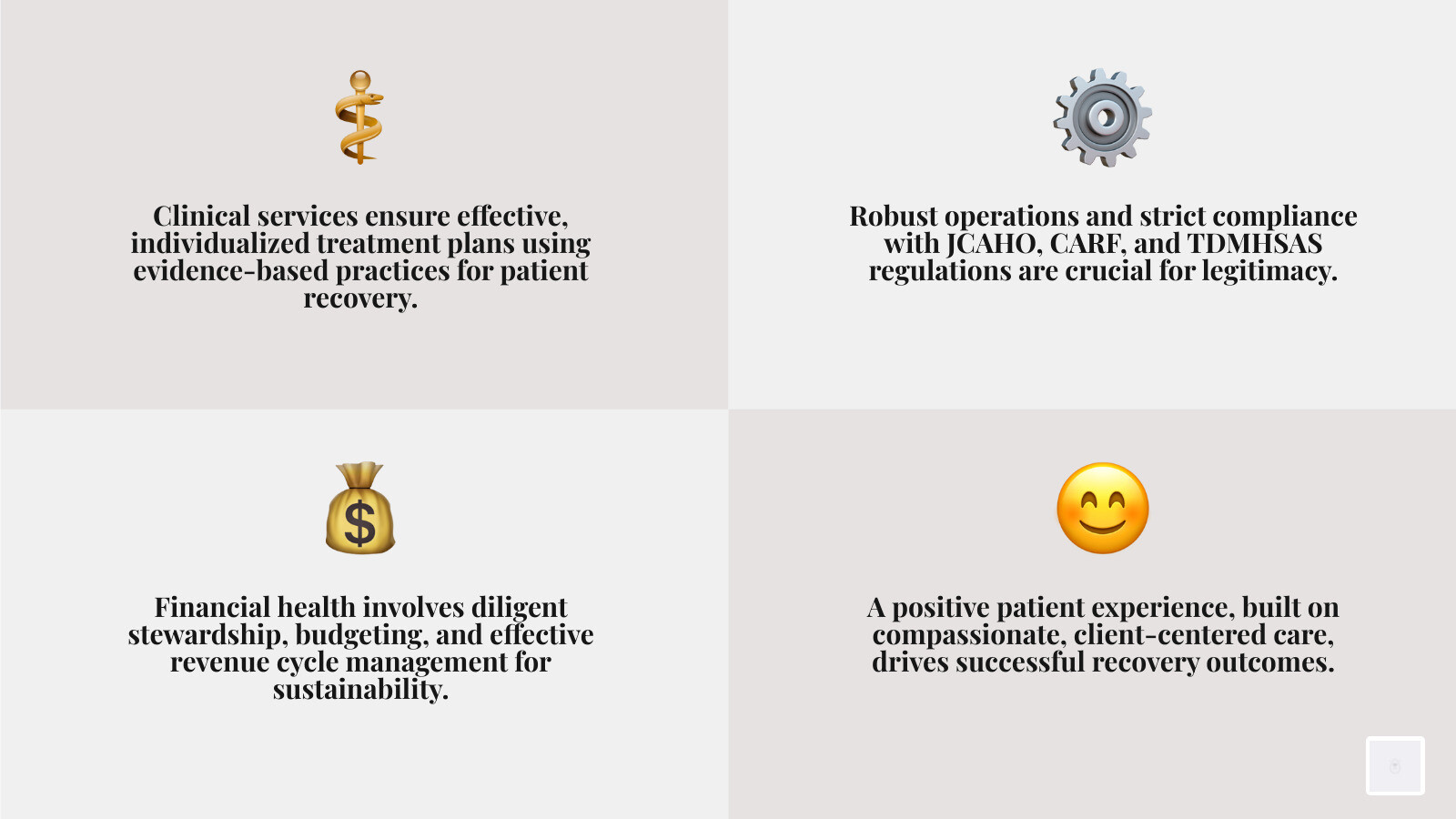 Infographic explaining the core pillars of treatment center management: Clinical Services, Operations & Compliance, Financial Health, and Patient Experience. - Drug rehab West Tennessee infographic 4_facts_emoji_grey