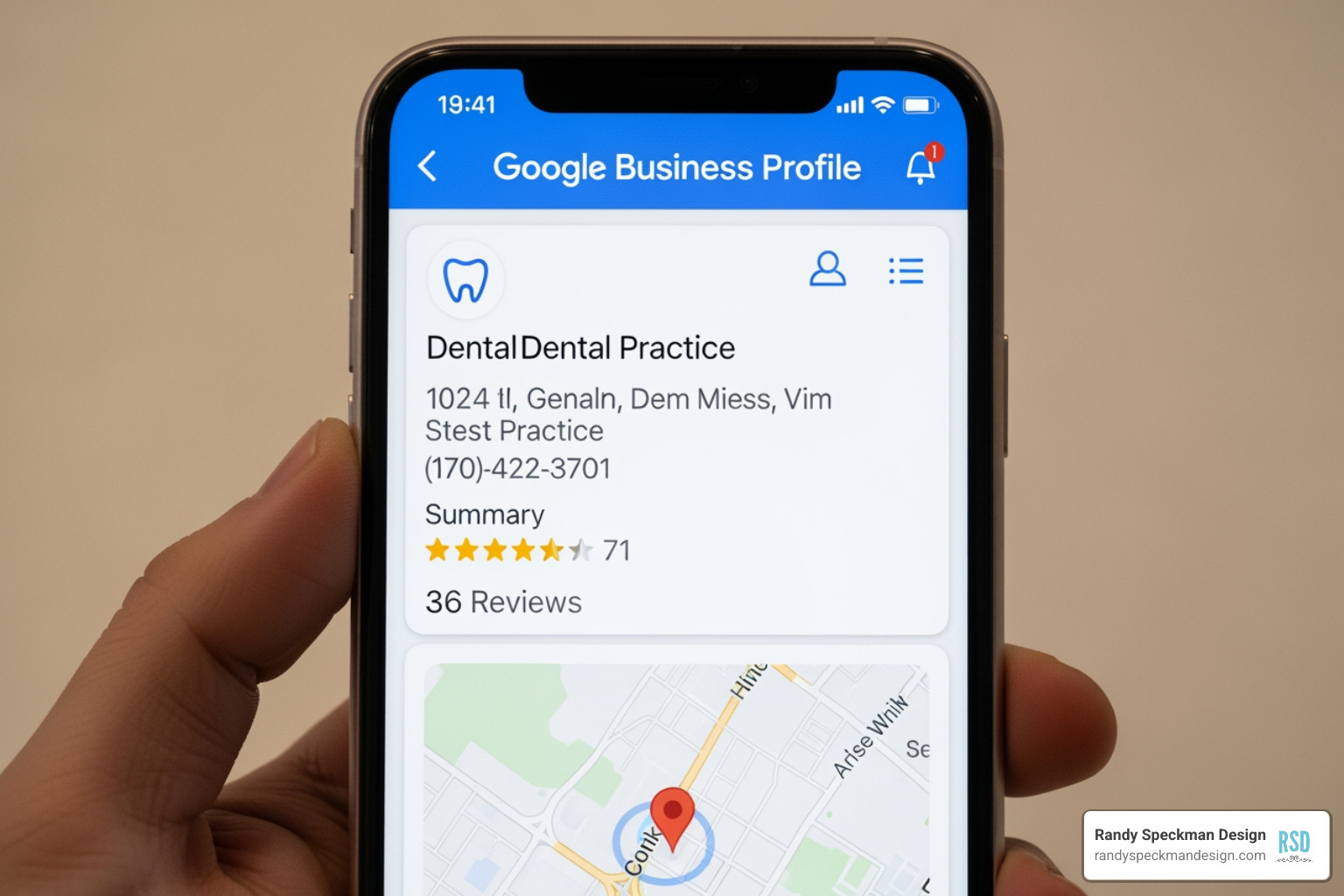 Google Business Profile listing on a phone screen showing a dental practice's information - local dental seo