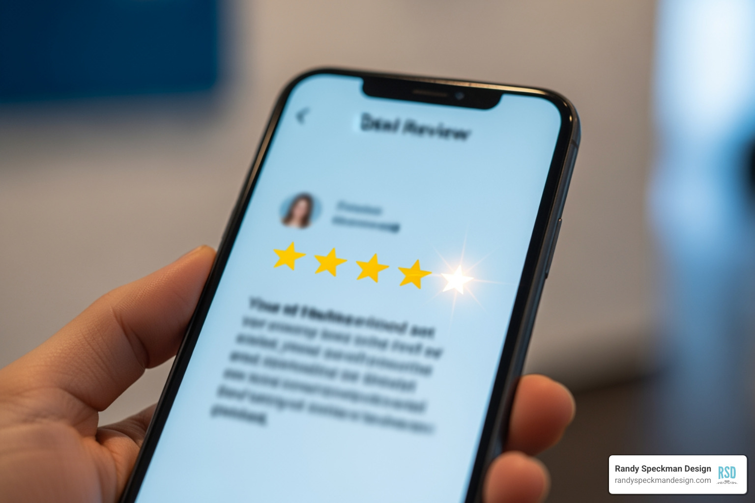 A smartphone displaying a 5-star review for a dental practice, highlighting positive feedback - local dental seo