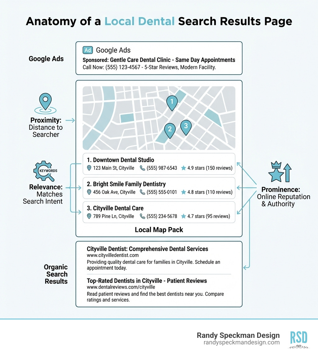 Infographic showing the anatomy of a local search results page for dentists, including: Google Ads at the top, Local Map Pack with three listings displaying name/address/phone/reviews, organic search results below, and key ranking factors like proximity, relevance, and prominence indicated with icons - local dental seo infographic 